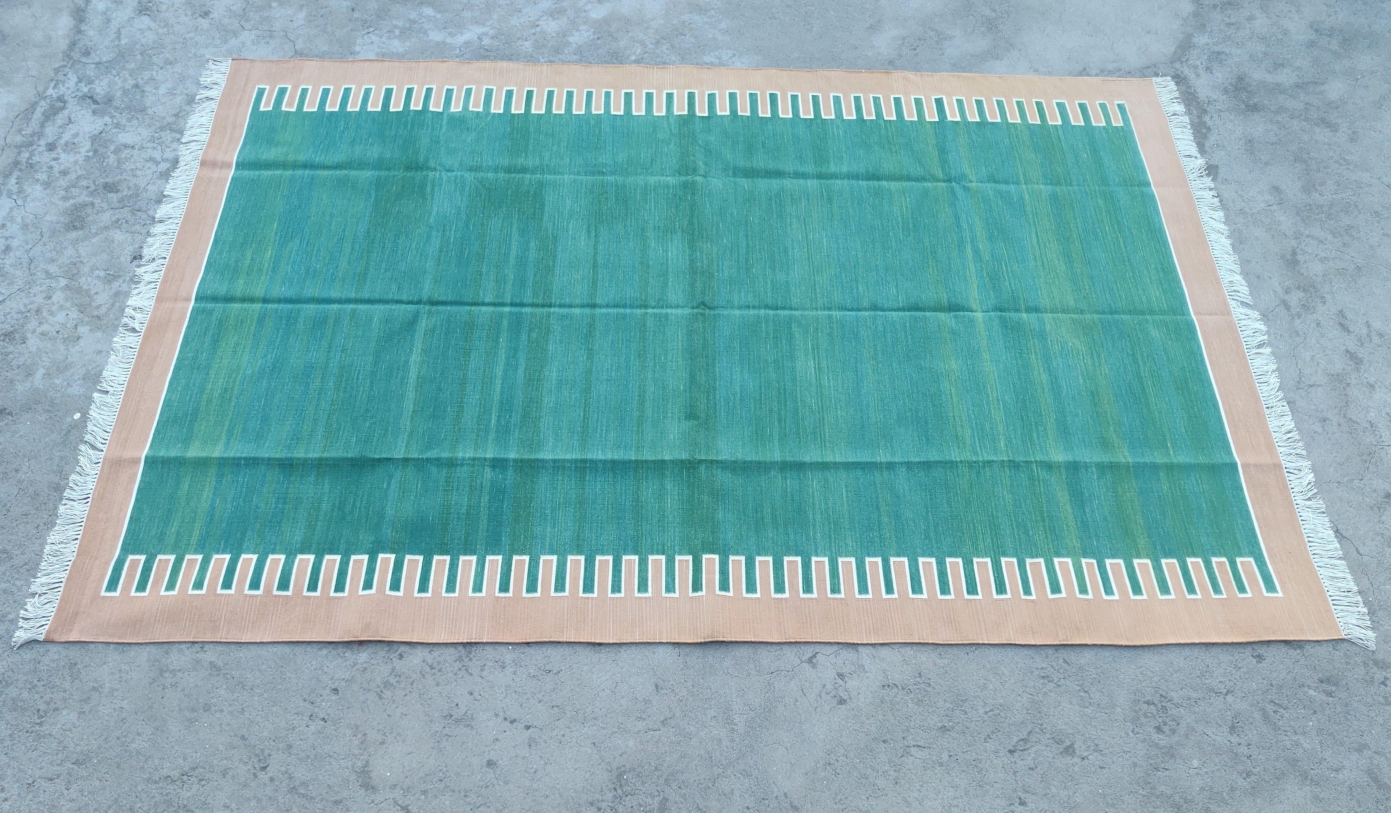 Handmade Cotton Flat Weave Area Rug, 6x9 Green And Tan Striped Indian Dhurrie For Sale 4