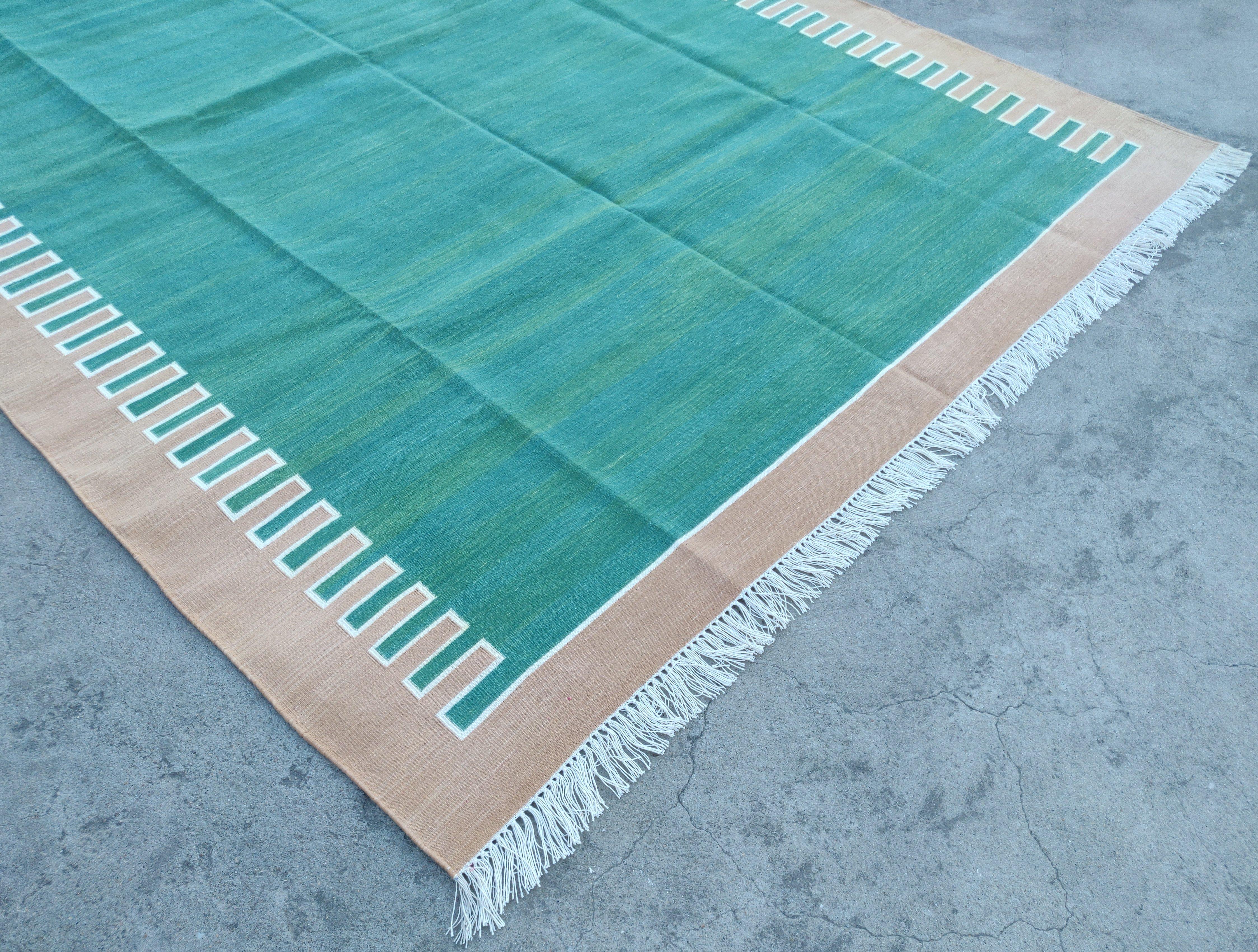 Cotton Vegetable Dyed Area Rug, Forest Green, Cream And Tan  Indian Zig Zag Striped Rug-6'x9'

These special flat-weave dhurries are hand-woven with 15 ply 100% cotton yarn. Due to the special manufacturing techniques used to create our rugs, the