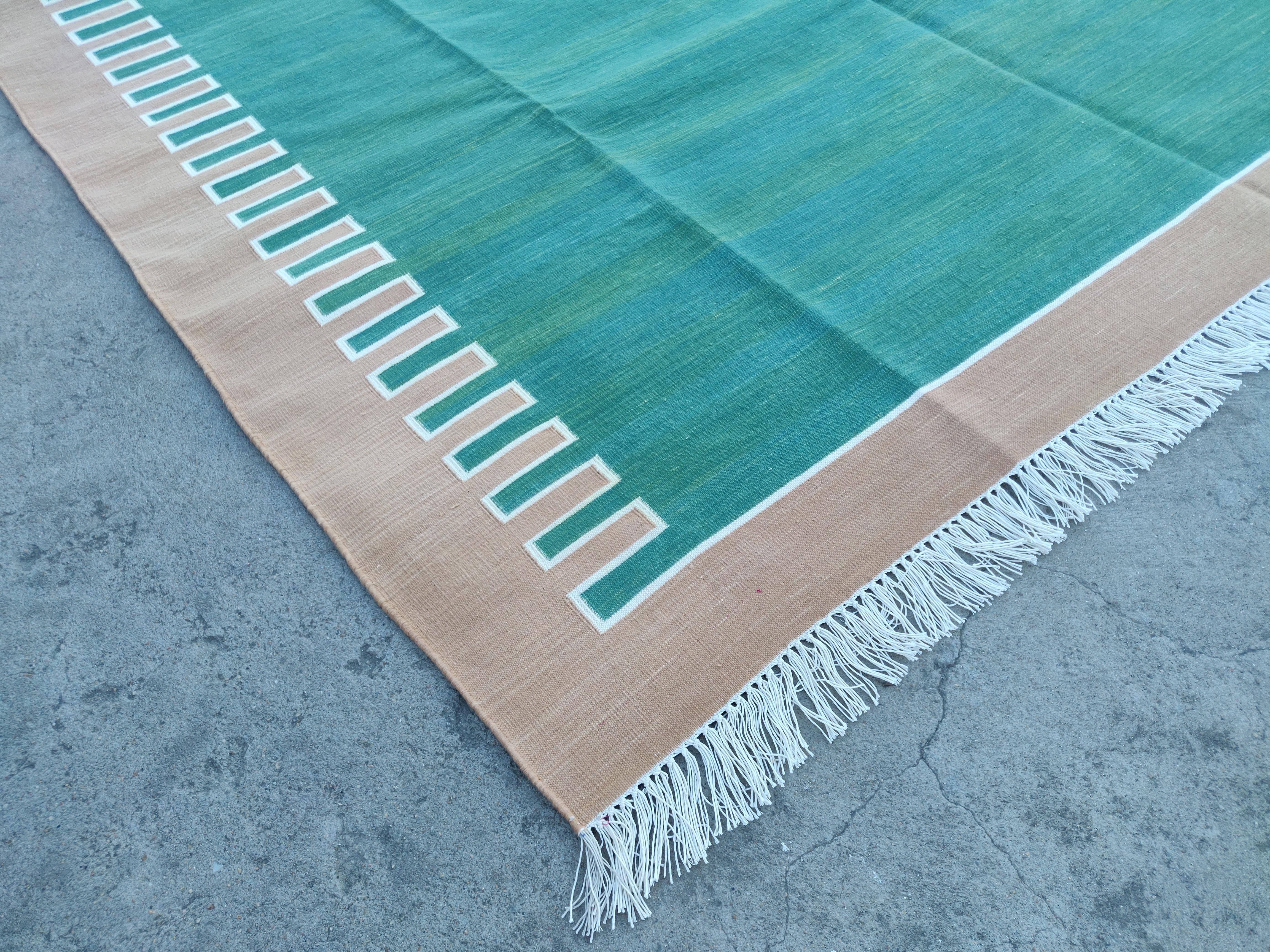 Mid-Century Modern Handmade Cotton Flat Weave Area Rug, 6x9 Green And Tan Striped Indian Dhurrie For Sale