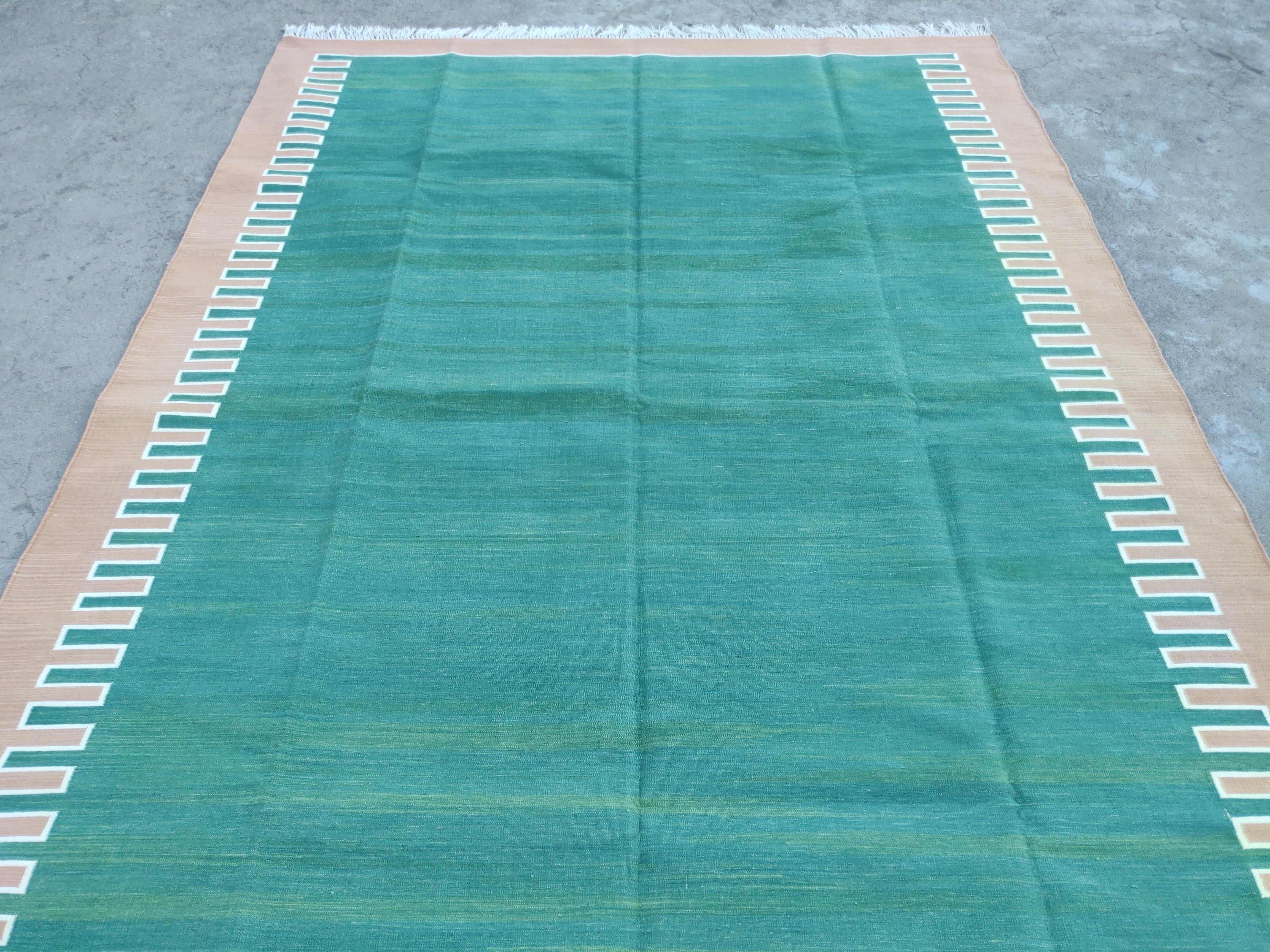 Handmade Cotton Flat Weave Area Rug, 6x9 Green And Tan Striped Indian Dhurrie In New Condition For Sale In Jaipur, IN