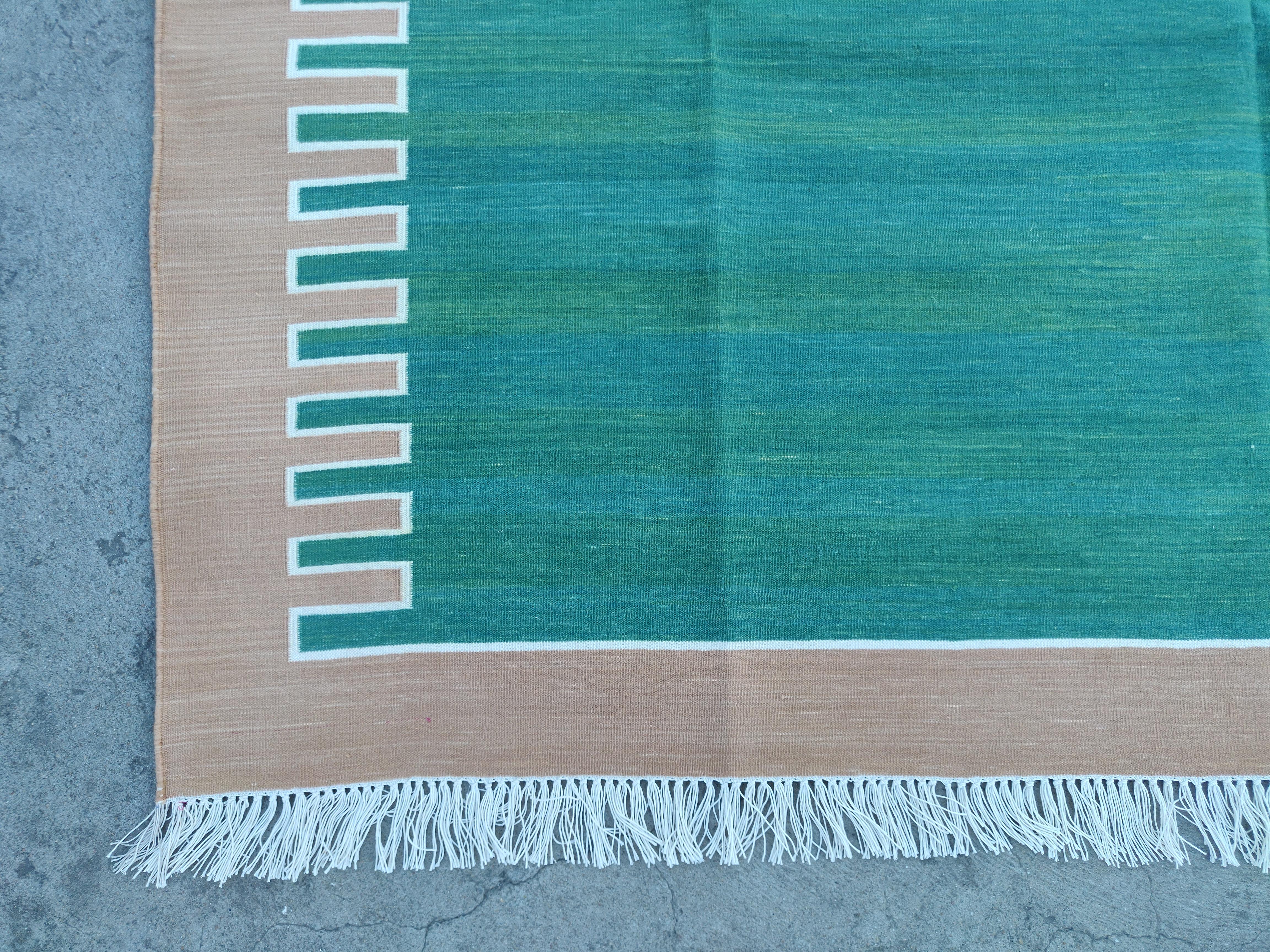 Contemporary Handmade Cotton Flat Weave Area Rug, 6x9 Green And Tan Striped Indian Dhurrie For Sale