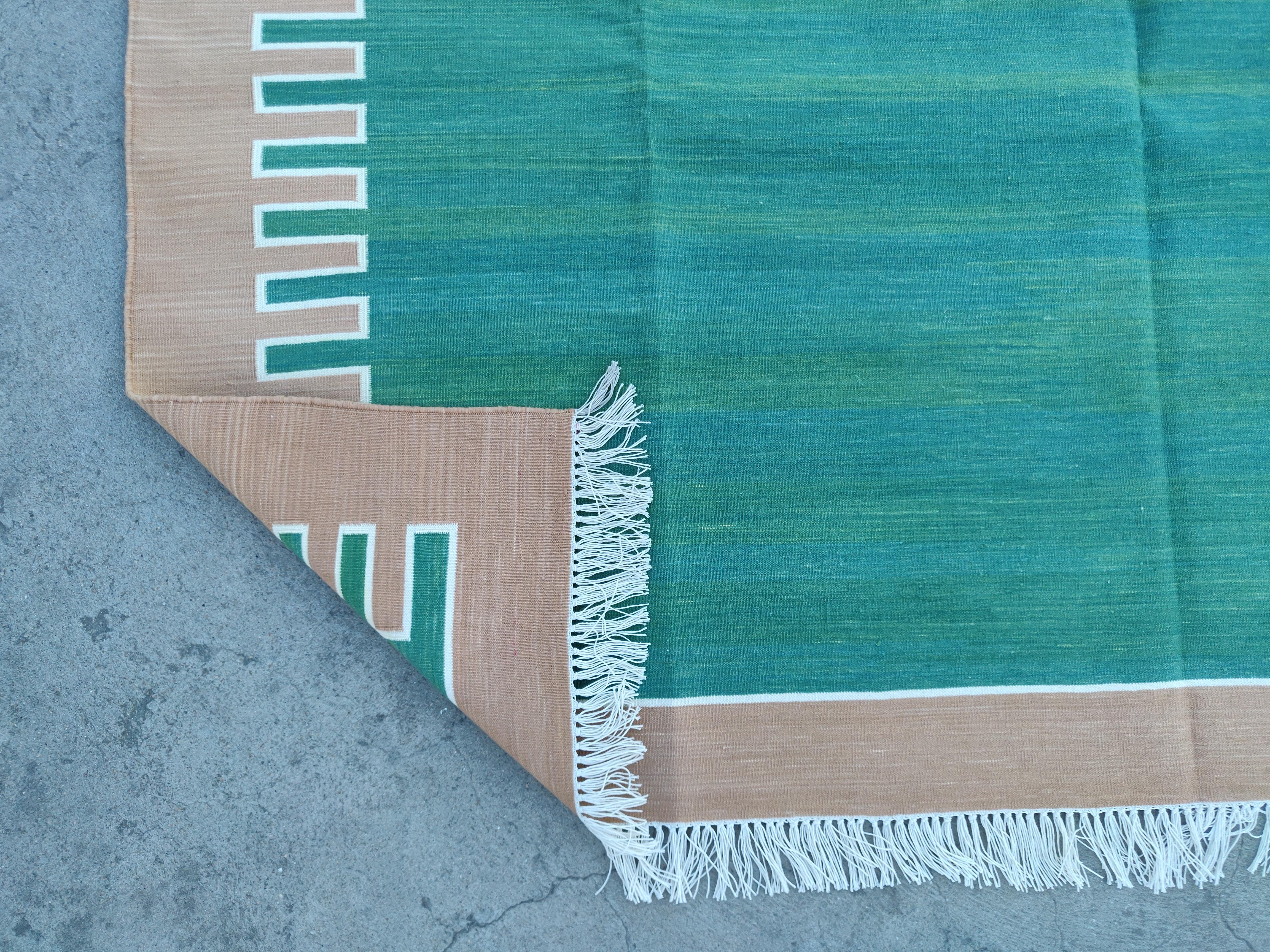 Handmade Cotton Flat Weave Area Rug, 6x9 Green And Tan Striped Indian Dhurrie For Sale 1