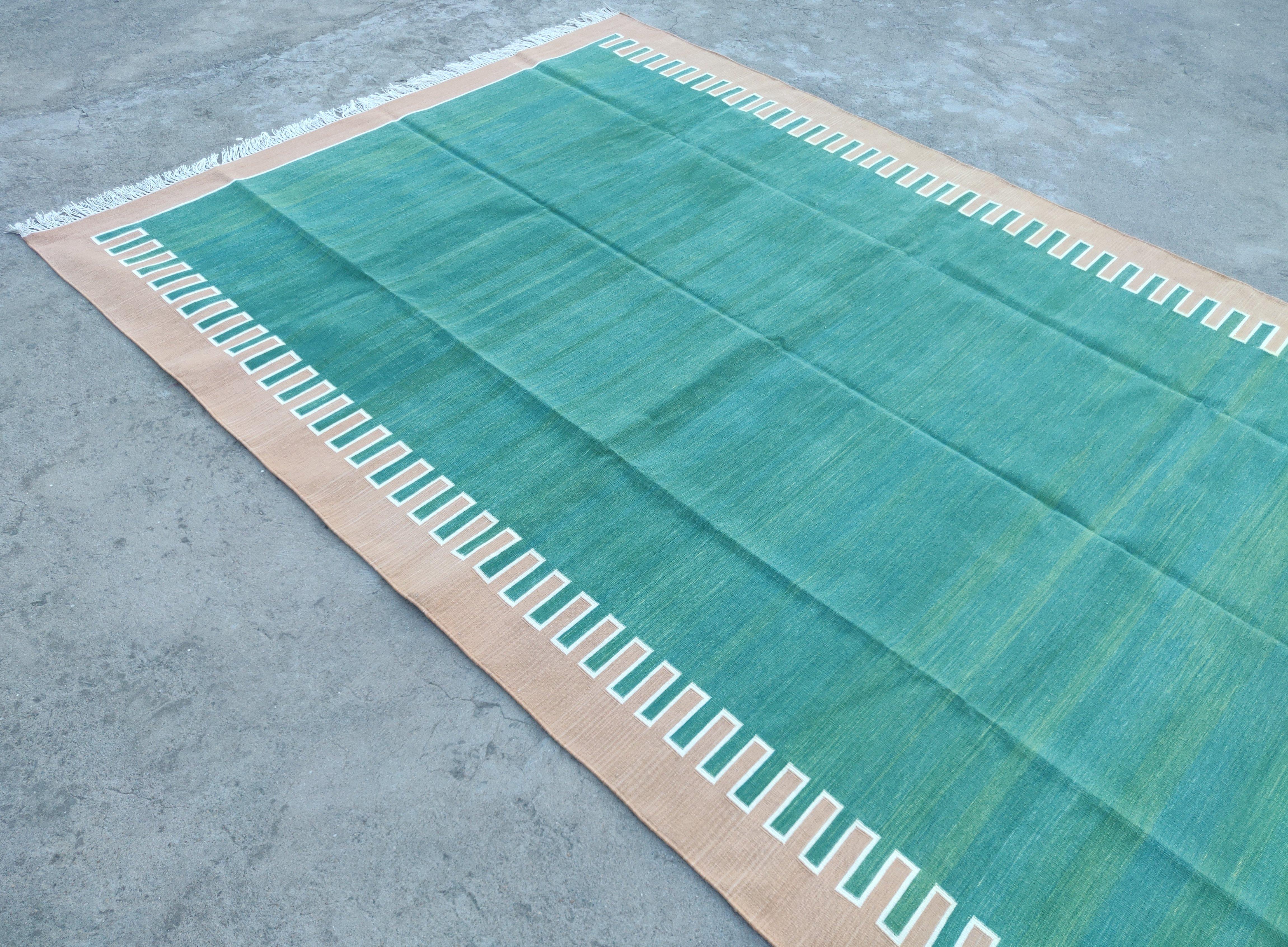 Handmade Cotton Flat Weave Area Rug, 6x9 Green And Tan Striped Indian Dhurrie For Sale 2