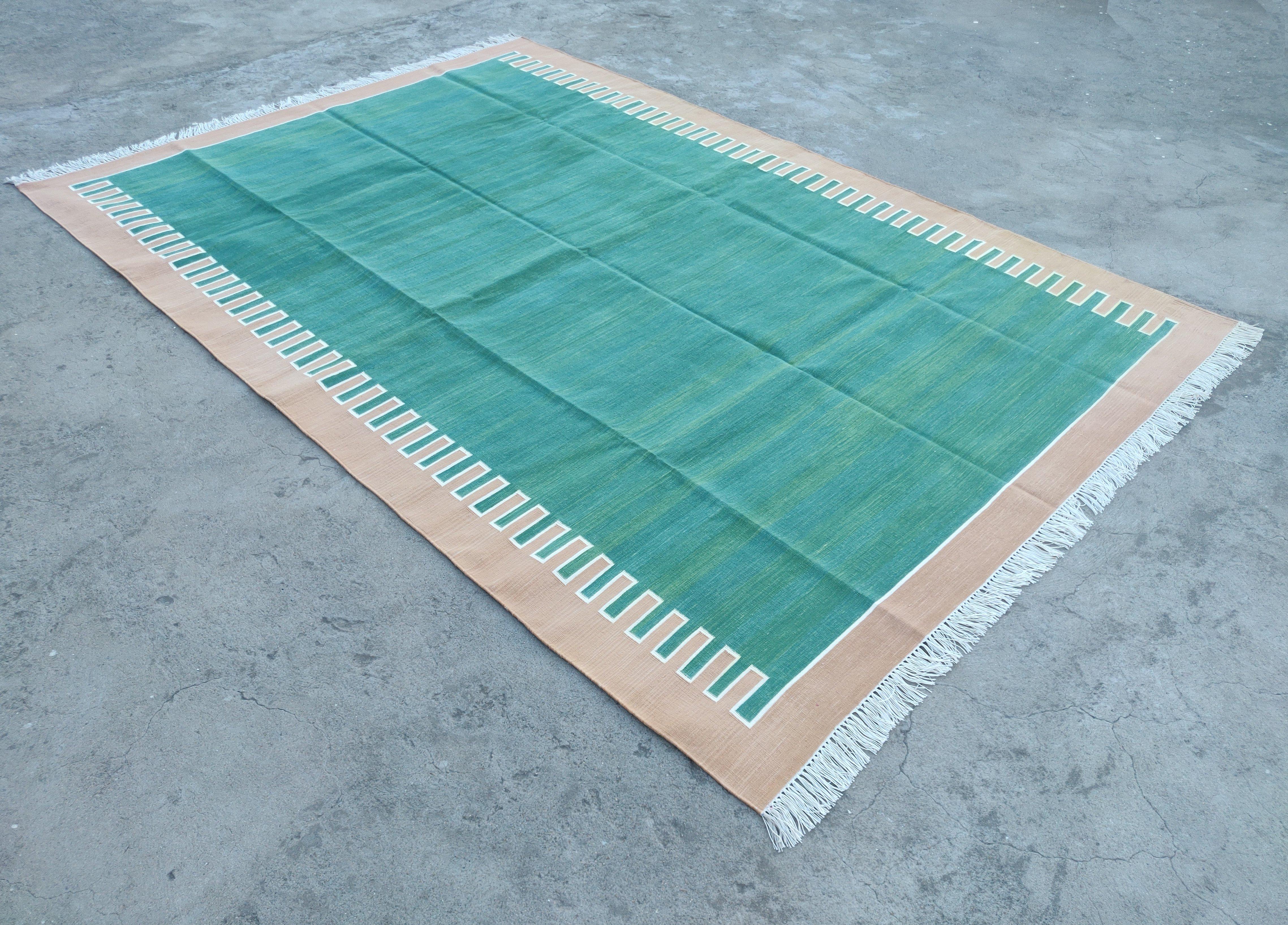 Handmade Cotton Flat Weave Area Rug, 6x9 Green And Tan Striped Indian Dhurrie For Sale 3