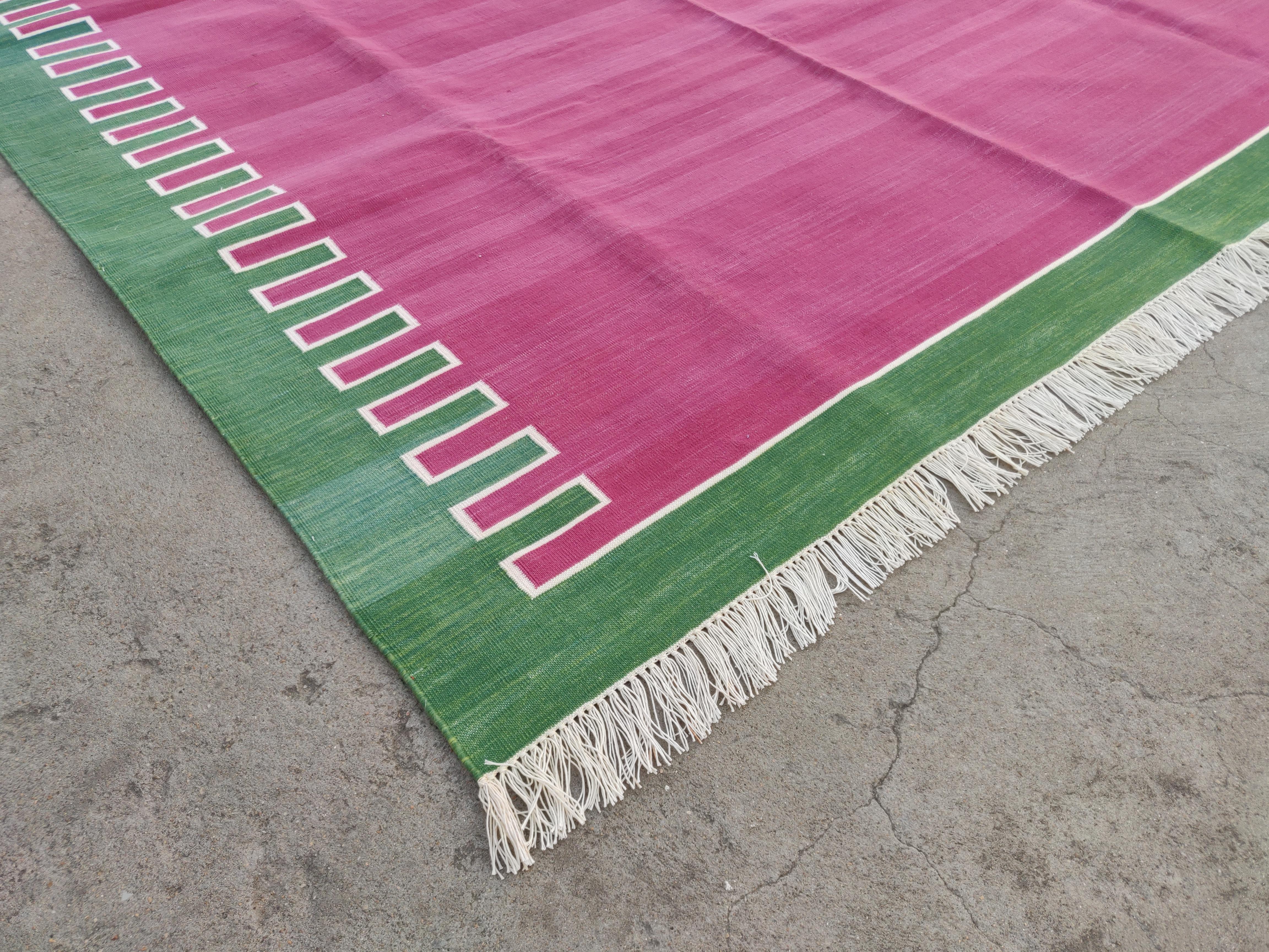Cotton Vegetable Dyed Area Rug, Raspberry Pink, Cream And Forest Green Indian Zig Zag Striped Rug-6'x9'

These special flat-weave dhurries are hand-woven with 15 ply 100% cotton yarn. Due to the special manufacturing techniques used to create our