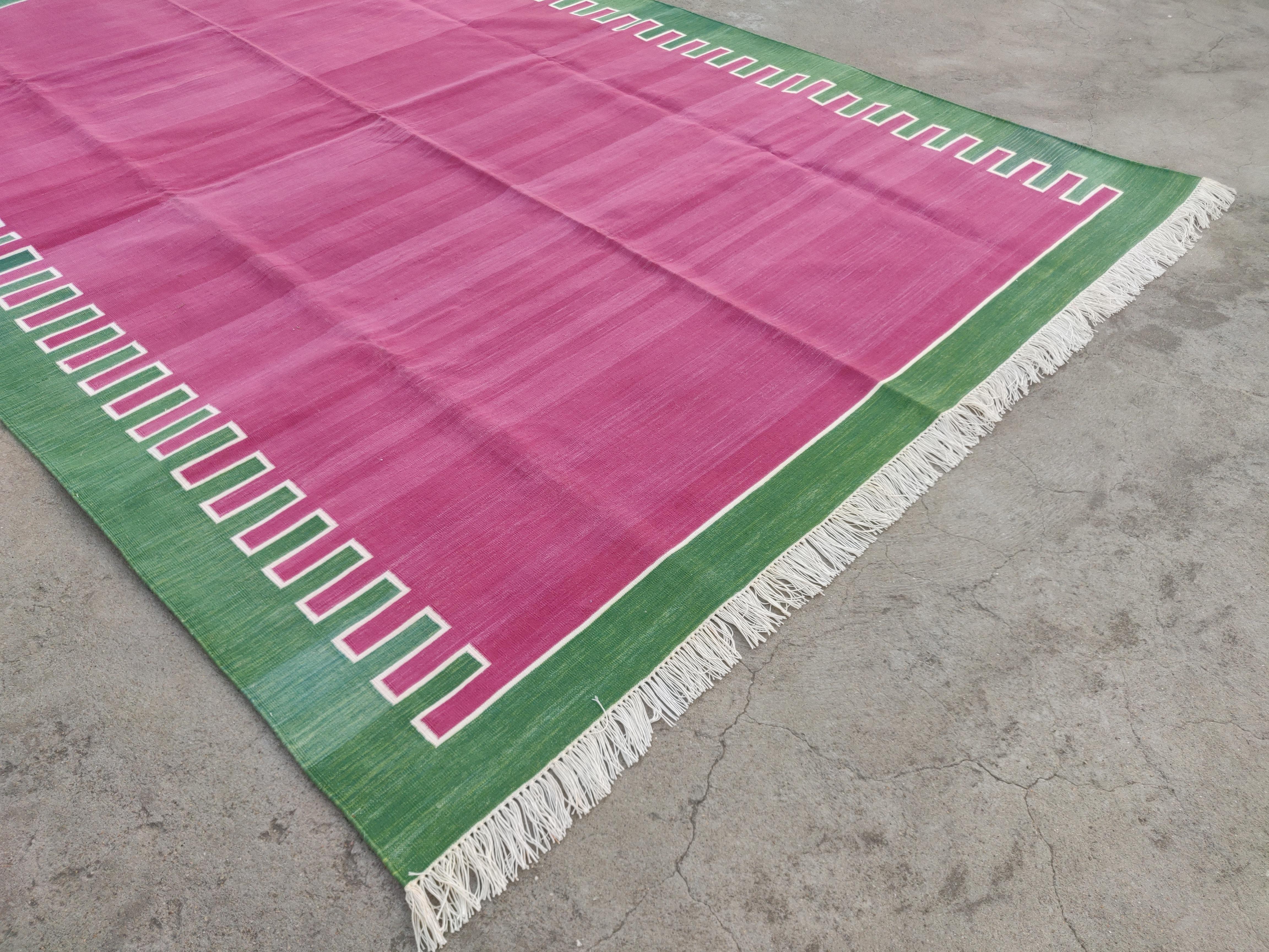 Mid-Century Modern Handmade Cotton Flat Weave Area Rug, 6x9 Pink And Green Striped Indian Dhurrie For Sale