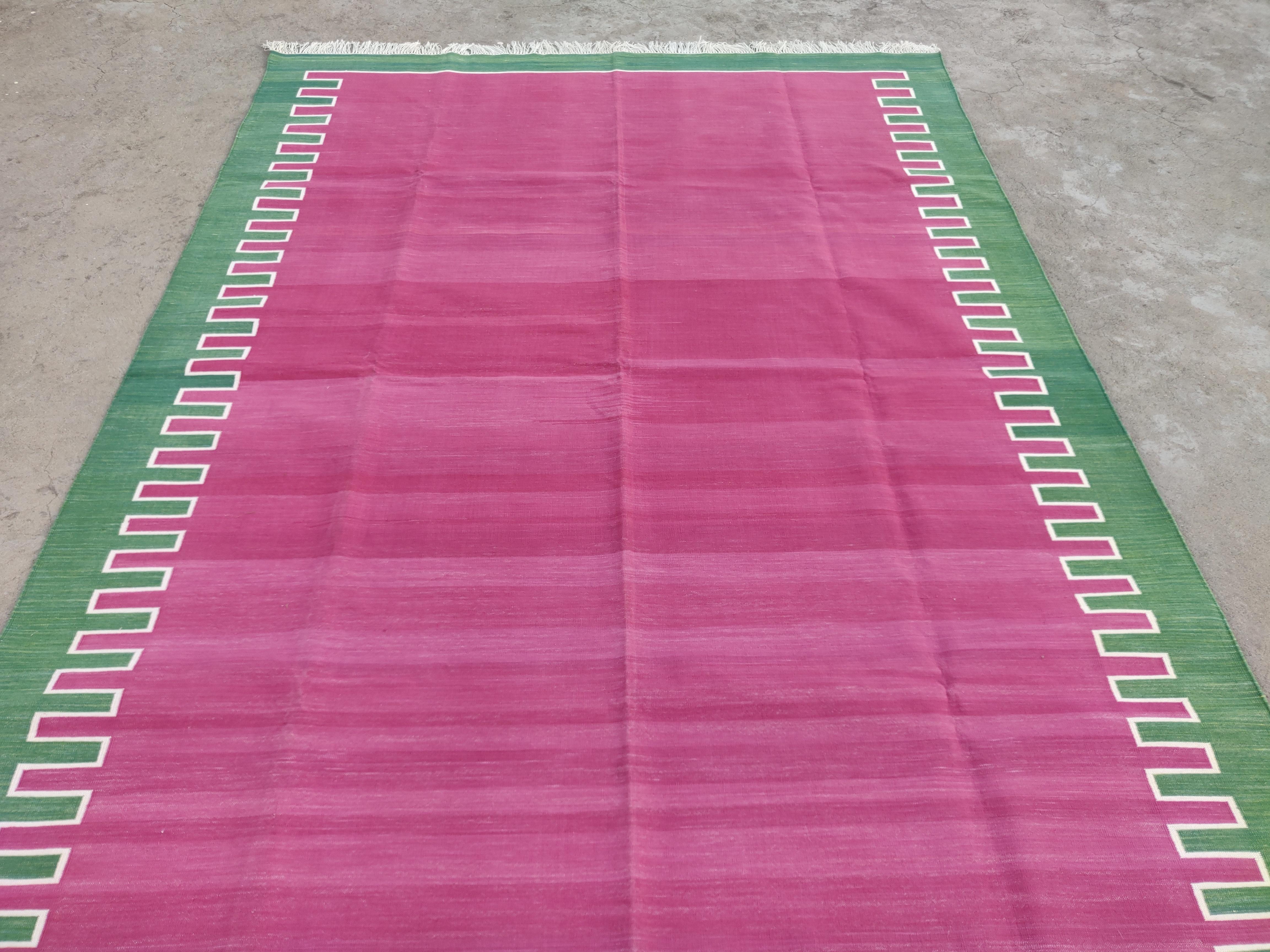 Hand-Woven Handmade Cotton Flat Weave Area Rug, 6x9 Pink And Green Striped Indian Dhurrie For Sale