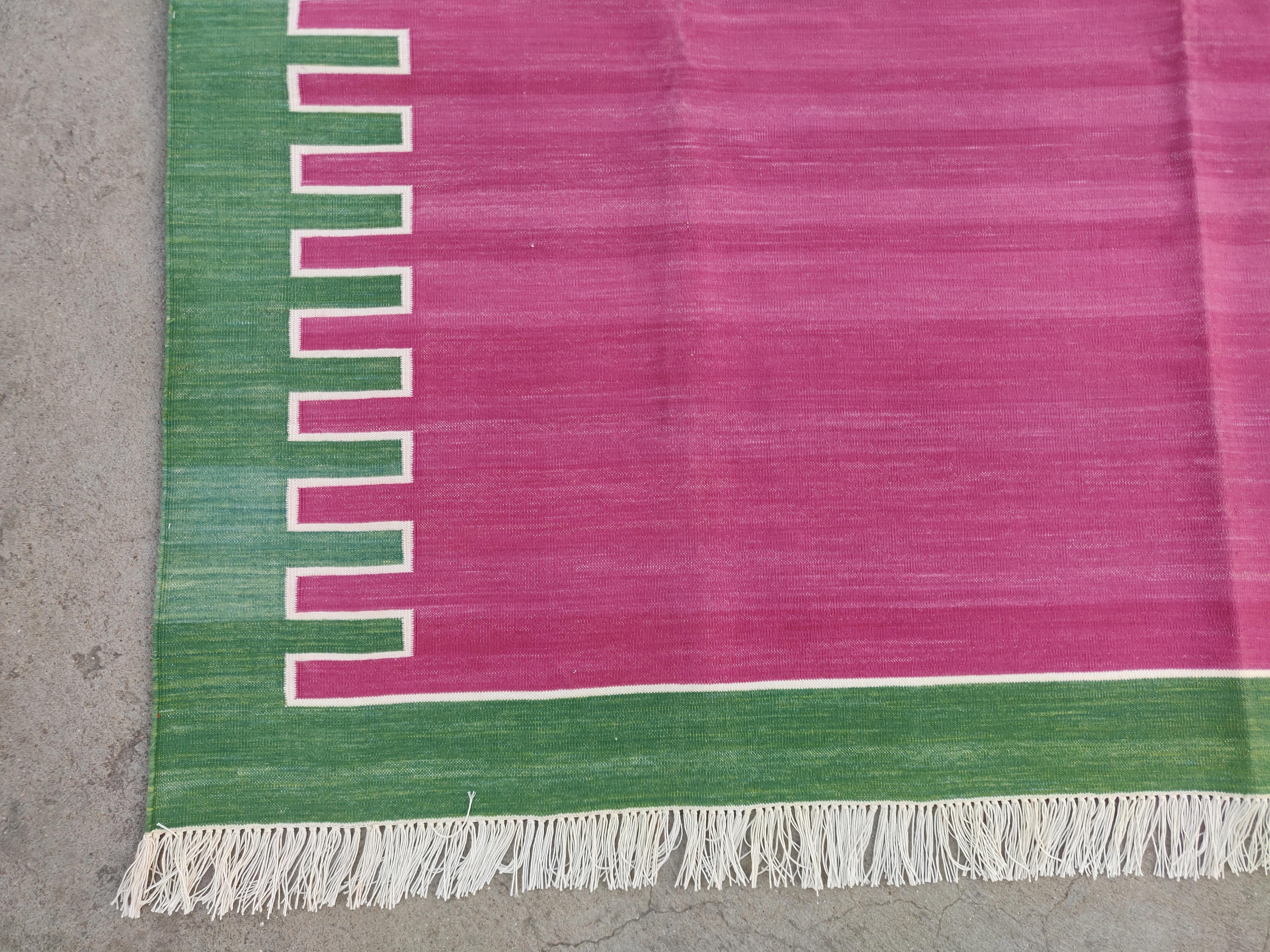 Handmade Cotton Flat Weave Area Rug, 6x9 Pink And Green Striped Indian Dhurrie In New Condition For Sale In Jaipur, IN