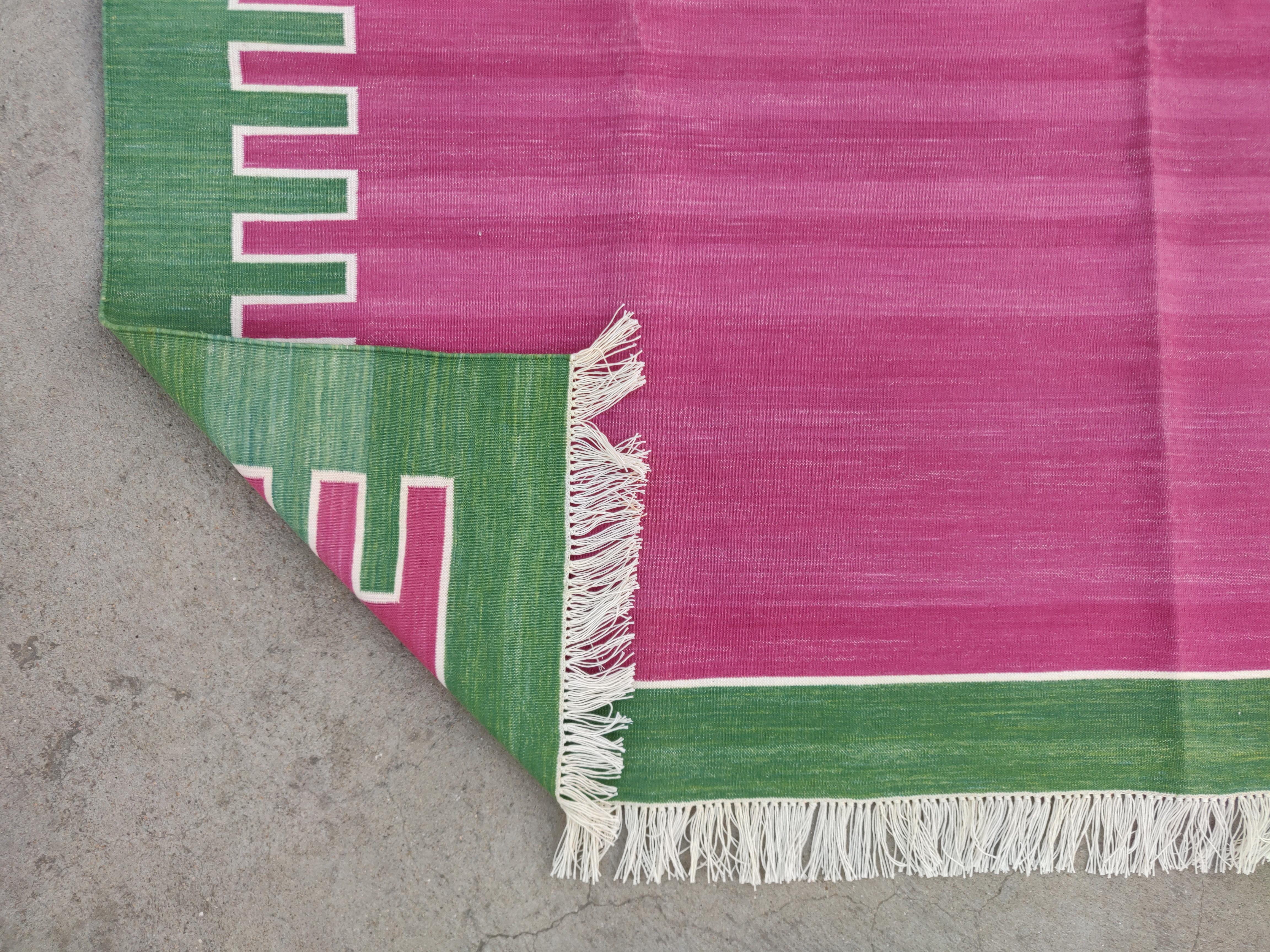 Contemporary Handmade Cotton Flat Weave Area Rug, 6x9 Pink And Green Striped Indian Dhurrie For Sale