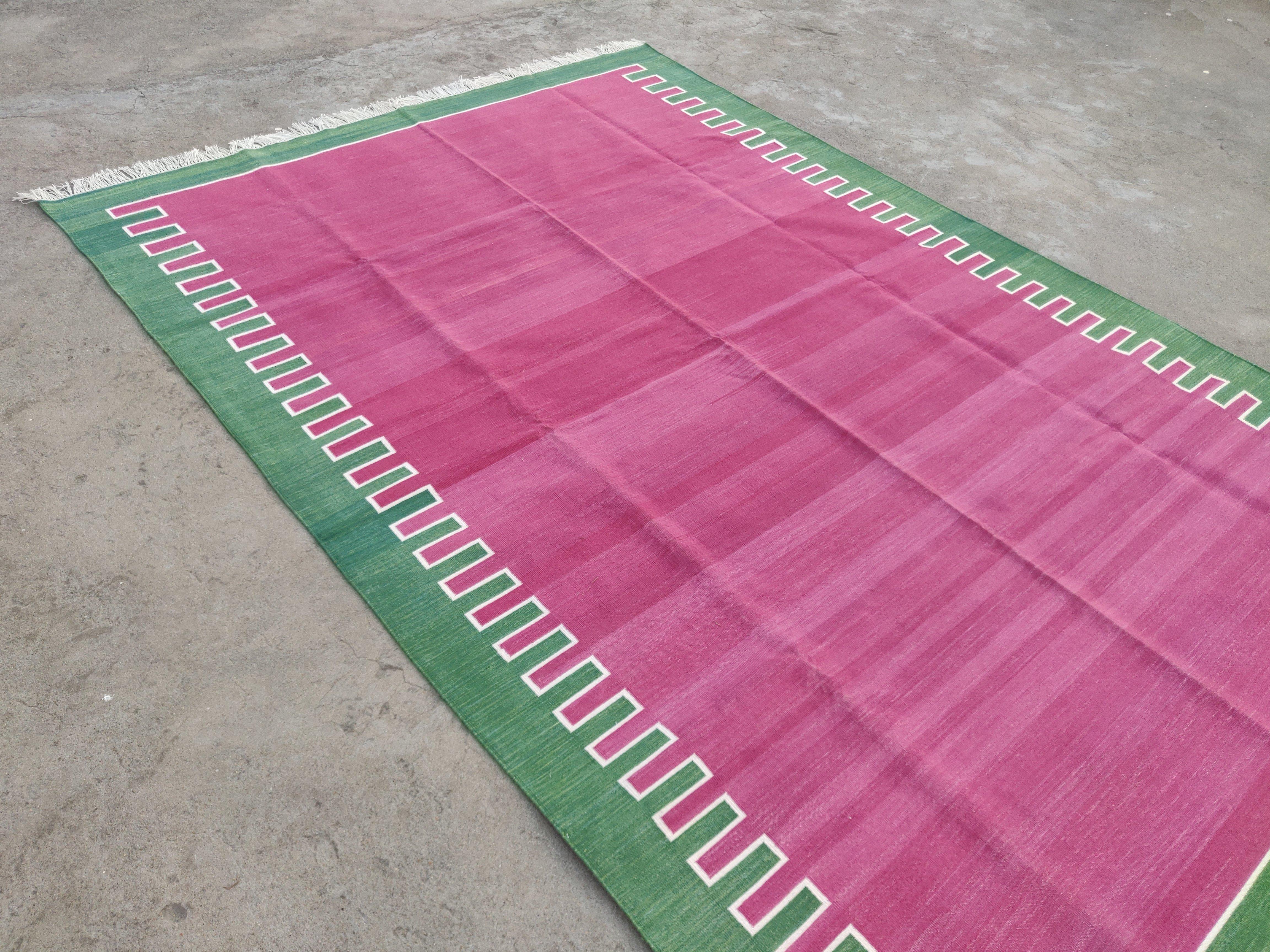 Handmade Cotton Flat Weave Area Rug, 6x9 Pink And Green Striped Indian Dhurrie For Sale 1