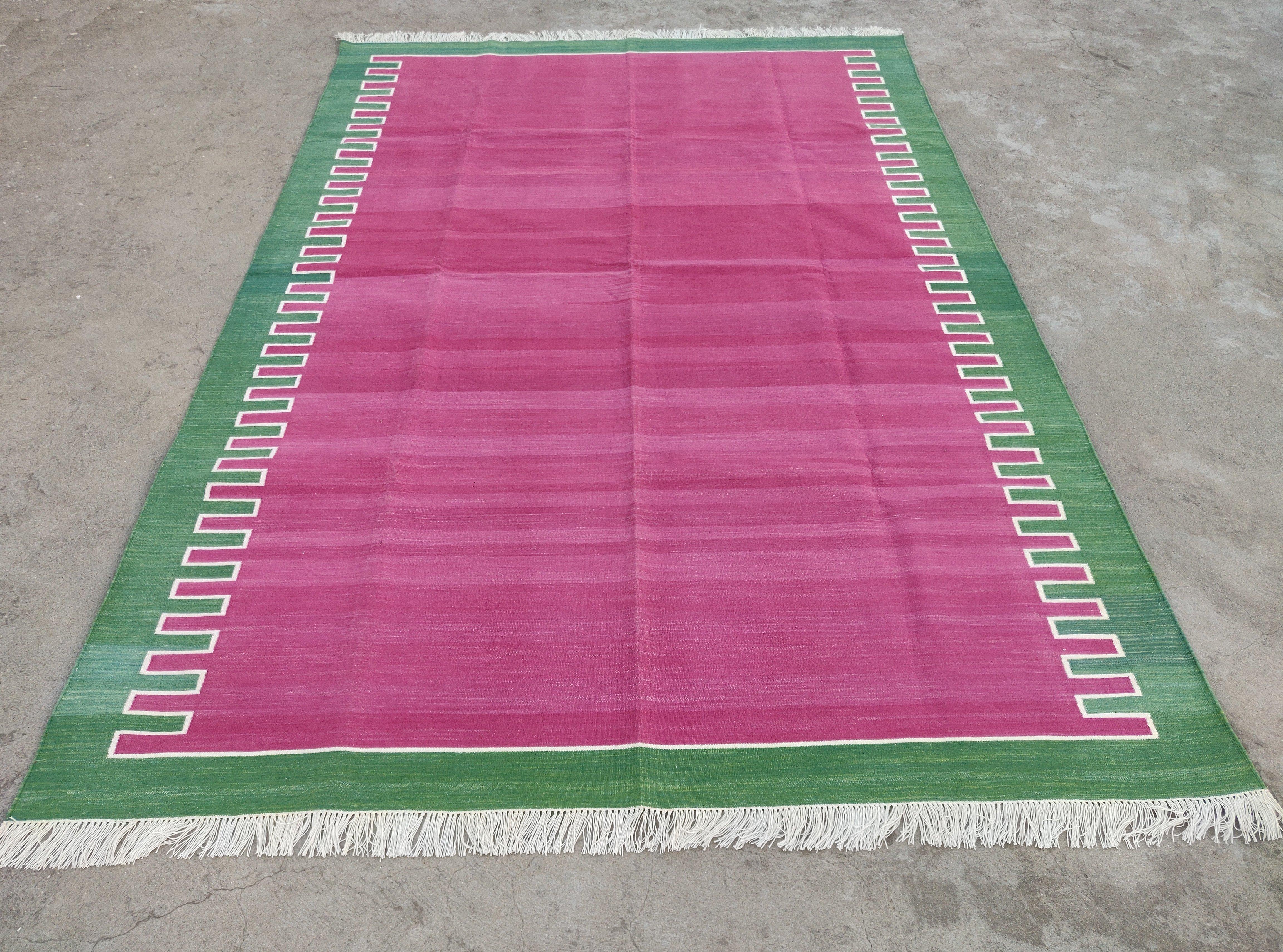 Handmade Cotton Flat Weave Area Rug, 6x9 Pink And Green Striped Indian Dhurrie For Sale 2