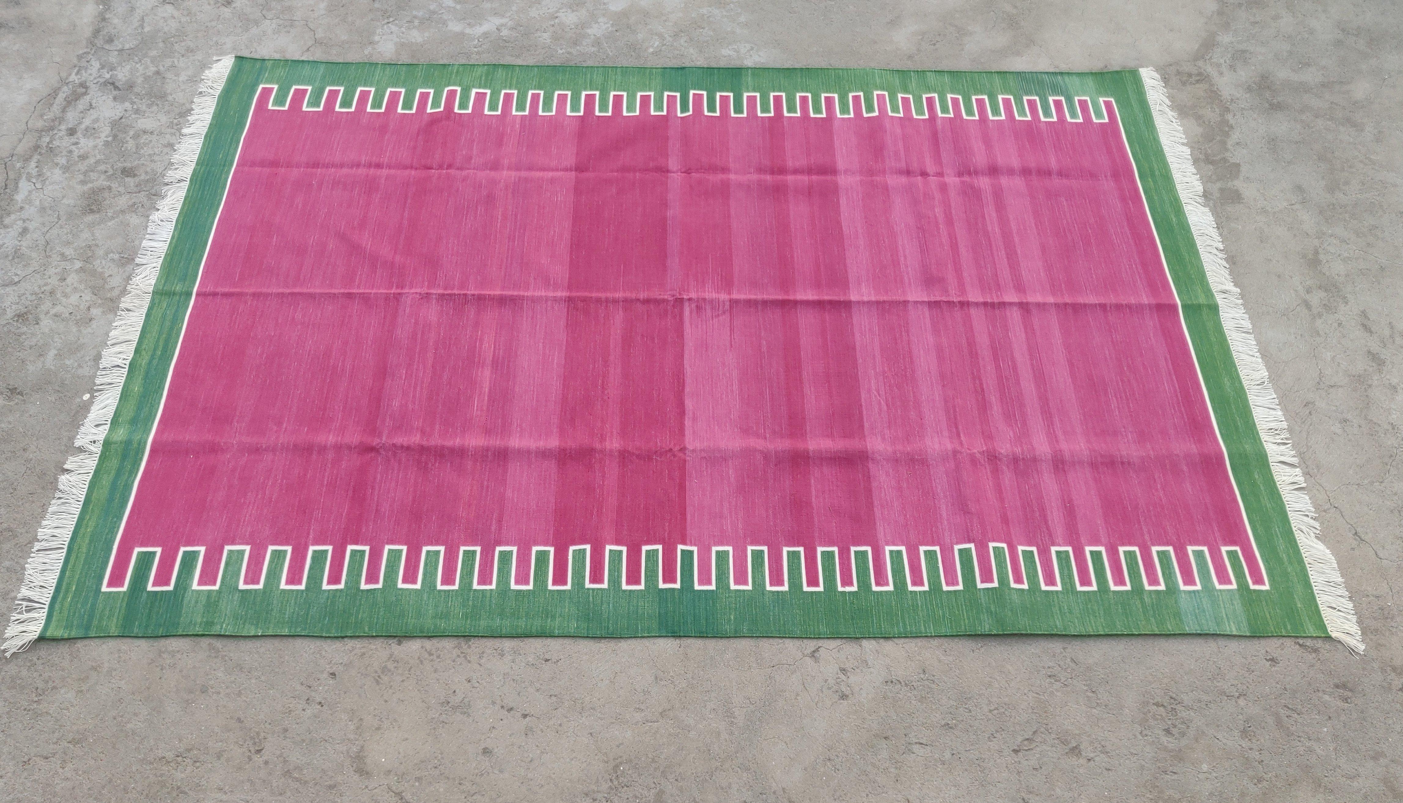 Handmade Cotton Flat Weave Area Rug, 6x9 Pink And Green Striped Indian Dhurrie For Sale 3