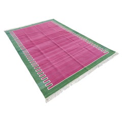Handmade Cotton Flat Weave Area Rug, 6x9 Pink And Green Striped Indian Dhurrie