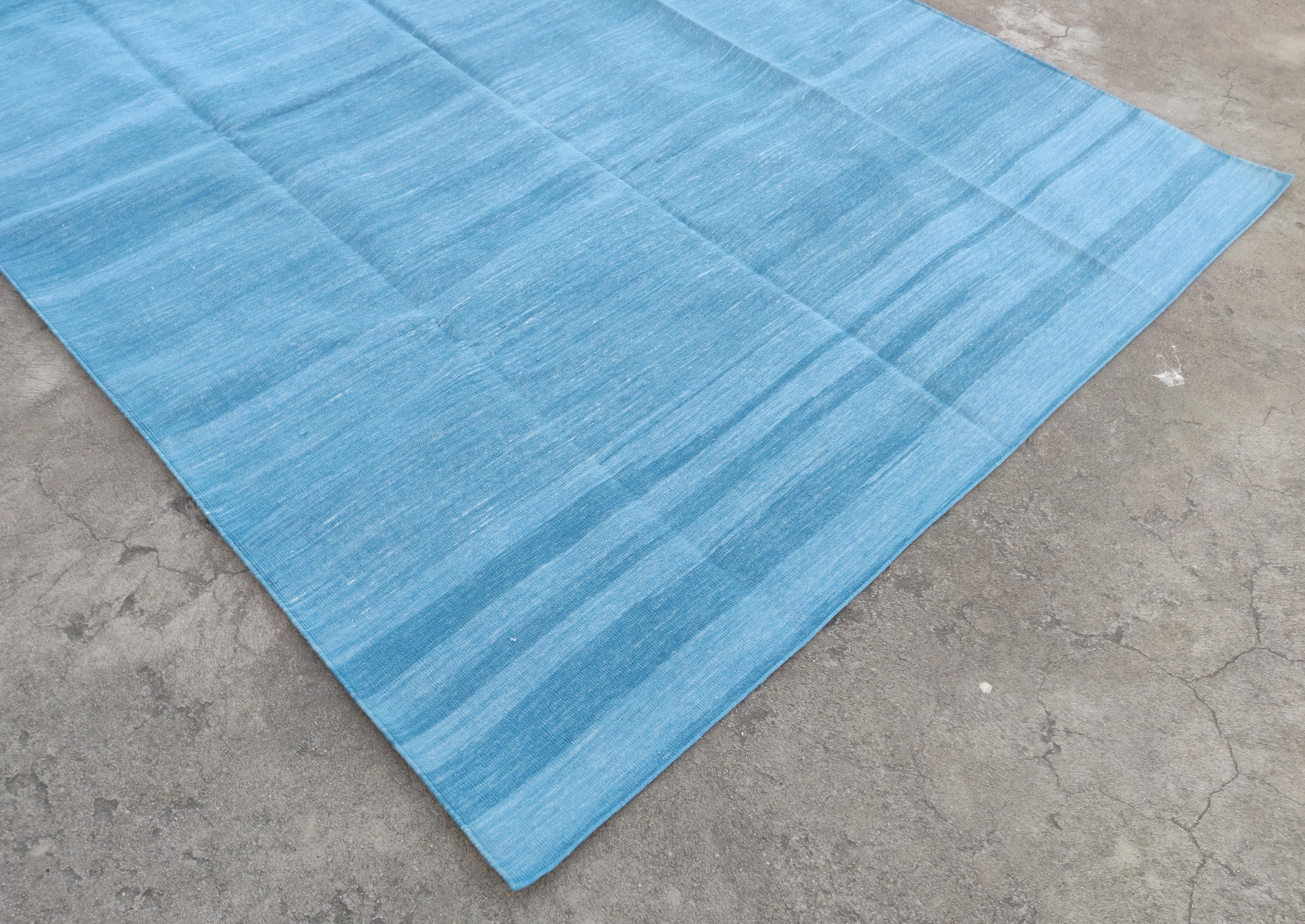 Mid-Century Modern Handmade Cotton Flat Weave Area Rug, 6x9 Solid Sky Blue Indian Dhurrie Kilim Rug For Sale