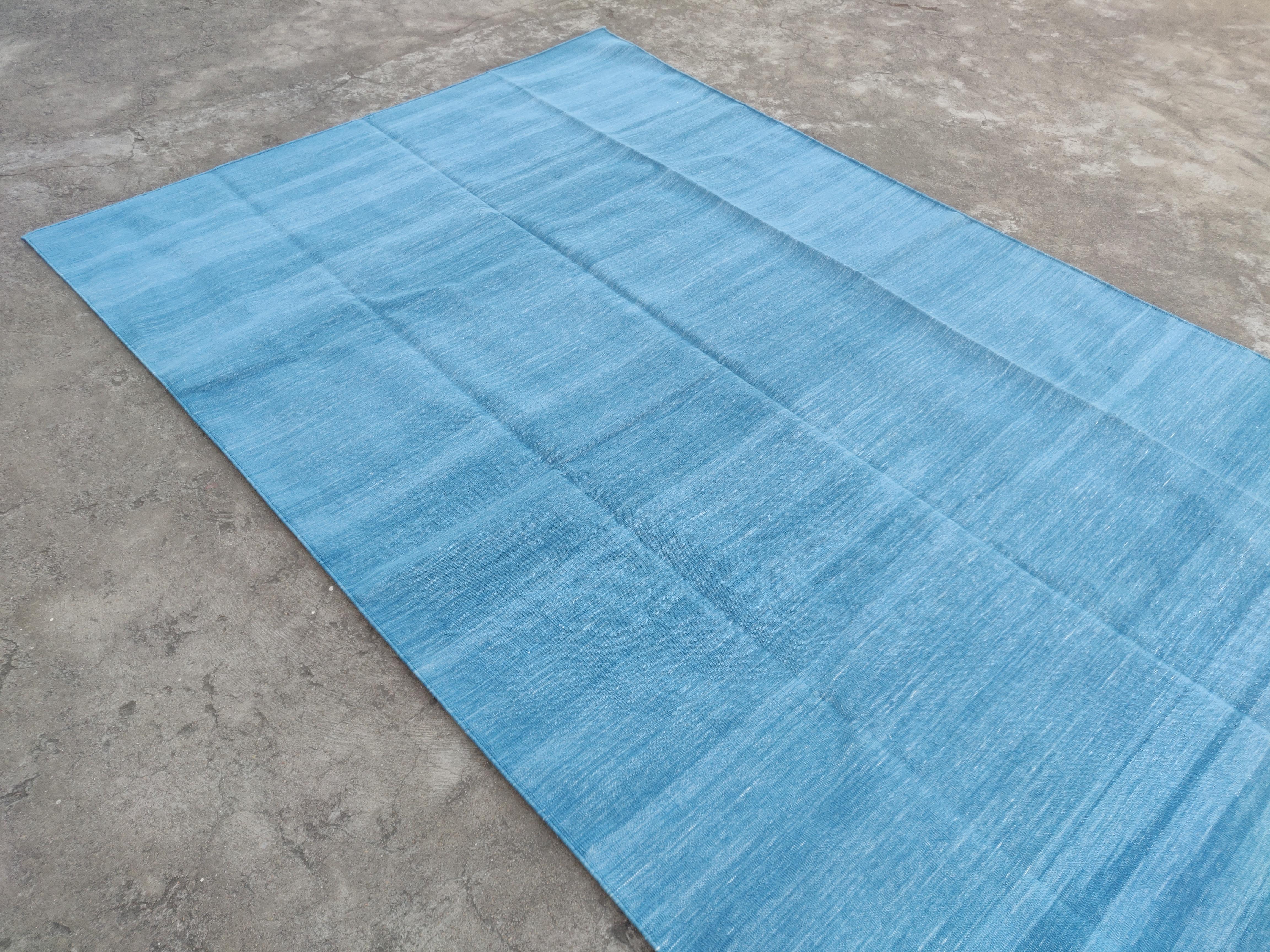 Hand-Woven Handmade Cotton Flat Weave Area Rug, 6x9 Solid Sky Blue Indian Dhurrie Kilim Rug For Sale
