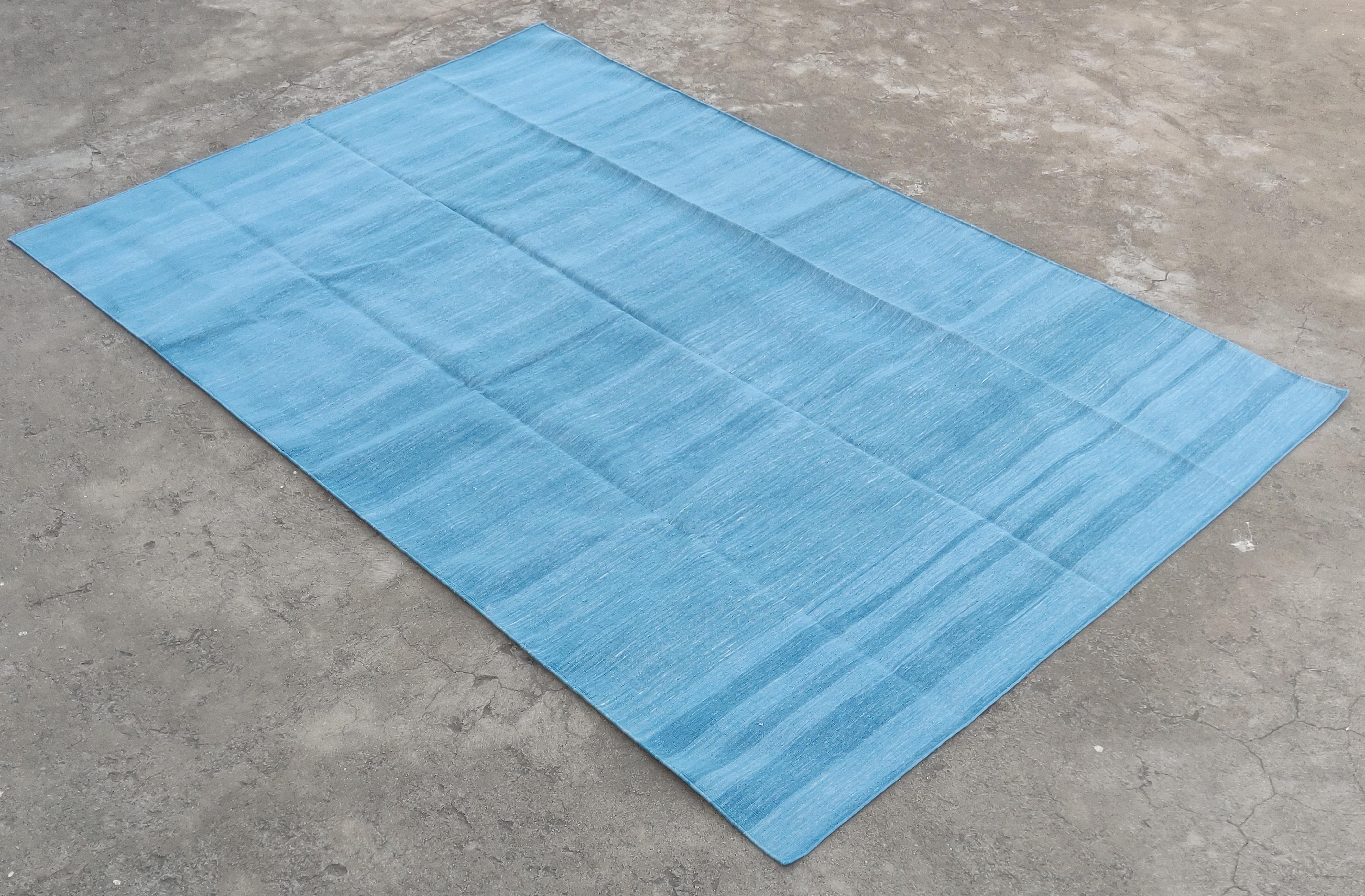 Handmade Cotton Flat Weave Area Rug, 6x9 Solid Sky Blue Indian Dhurrie Kilim Rug For Sale 1