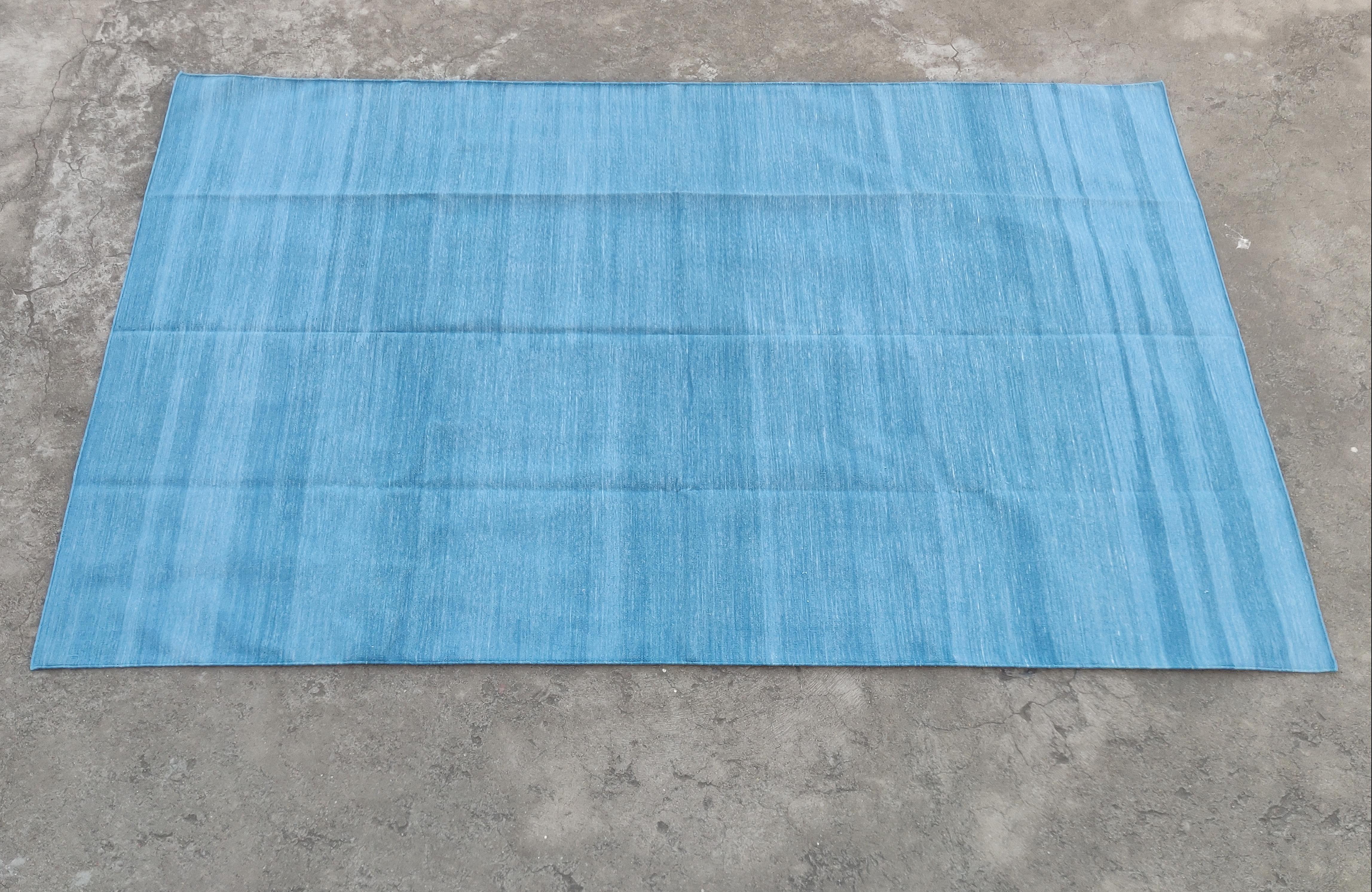 Handmade Cotton Flat Weave Area Rug, 6x9 Solid Sky Blue Indian Dhurrie Kilim Rug For Sale 2