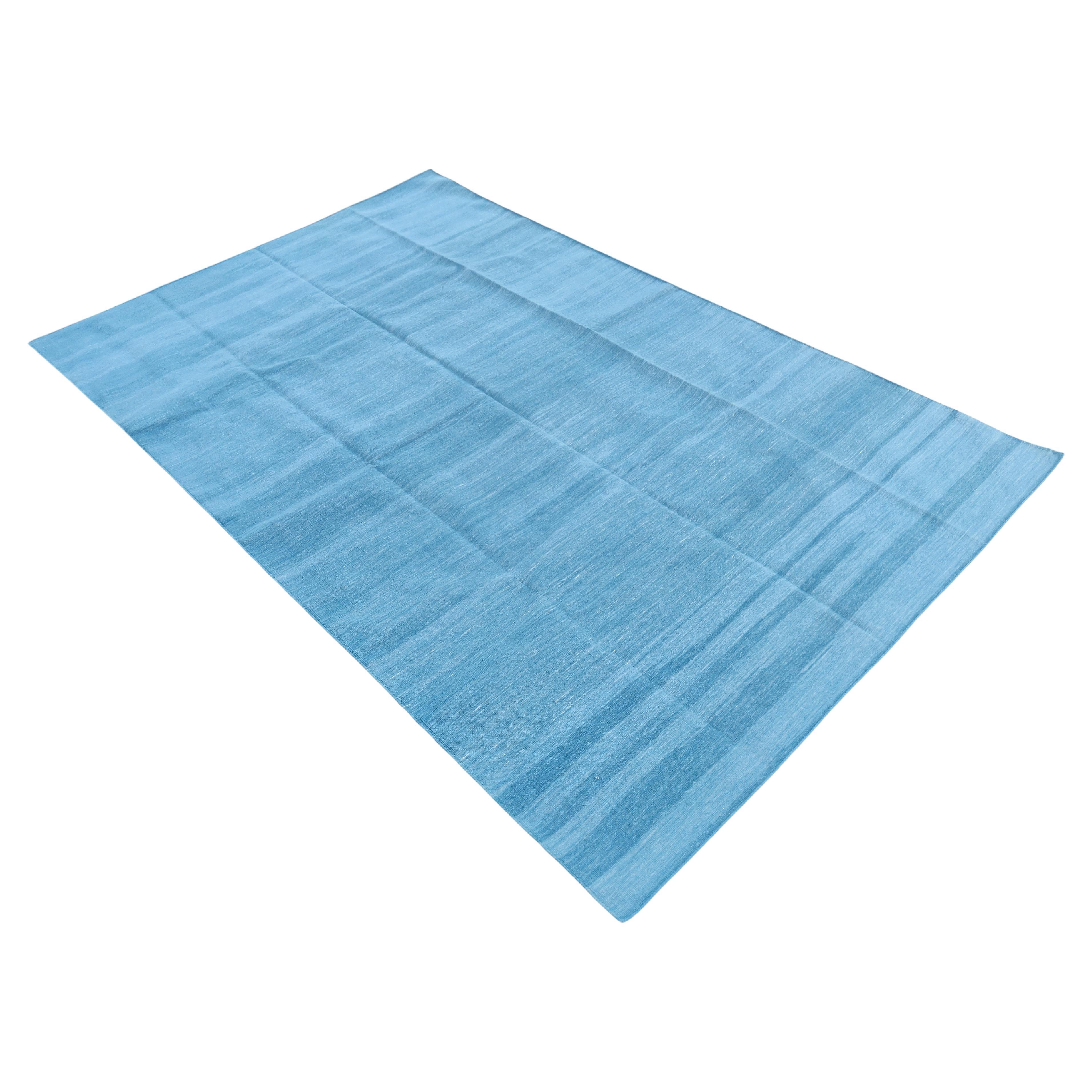 Alfombra de algodón hecha a mano, 6x9 Azul cielo sólido Alfombra india Dhurrie Kilim