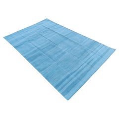 Handmade Cotton Flat Weave Area Rug, 6x9 Solid Sky Blue Indian Dhurrie Kilim Rug