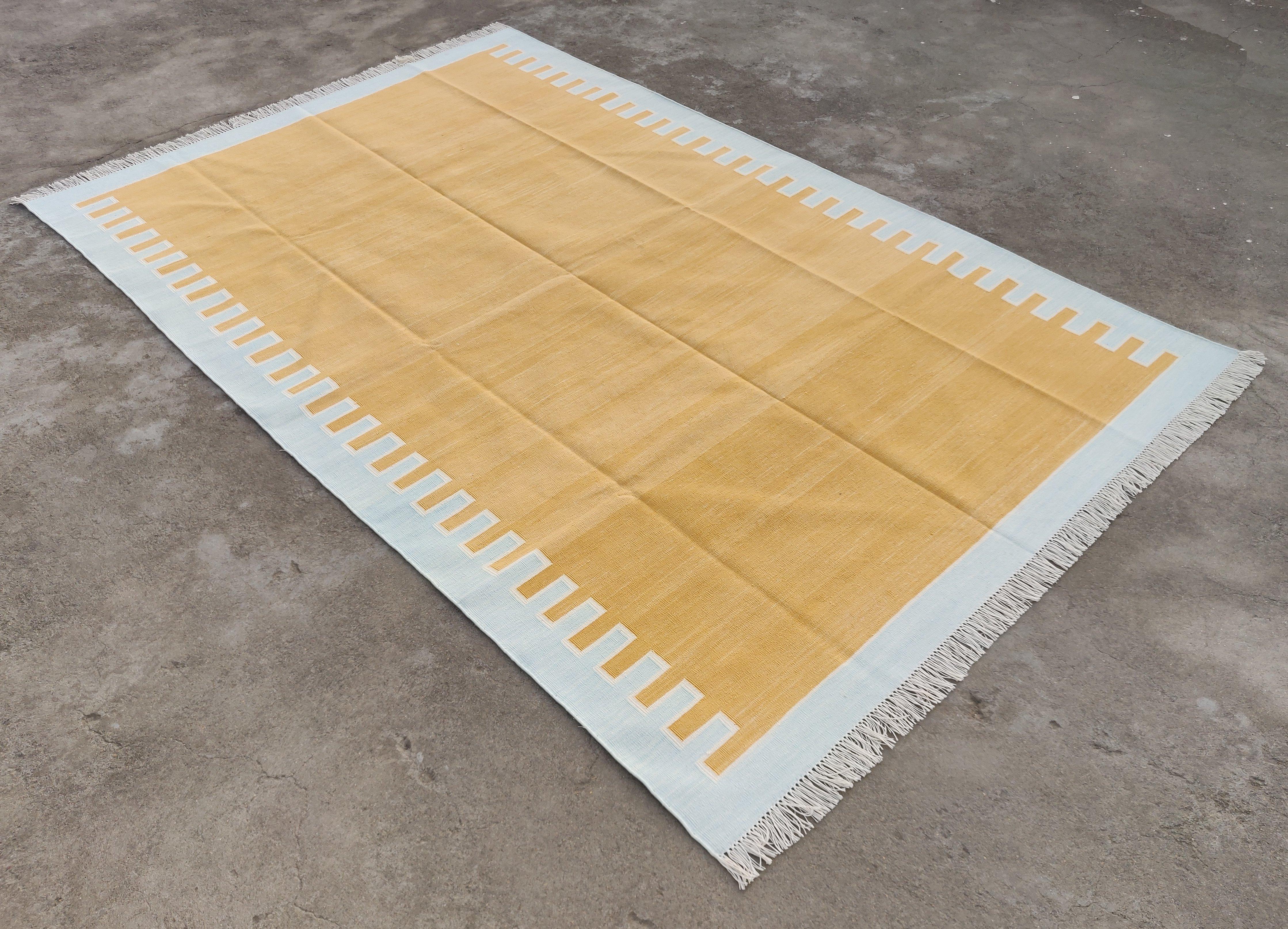 Handmade Cotton Flat Weave Area Rug, 6x9 Yellow And Blue Striped Indian Dhurrie For Sale 4