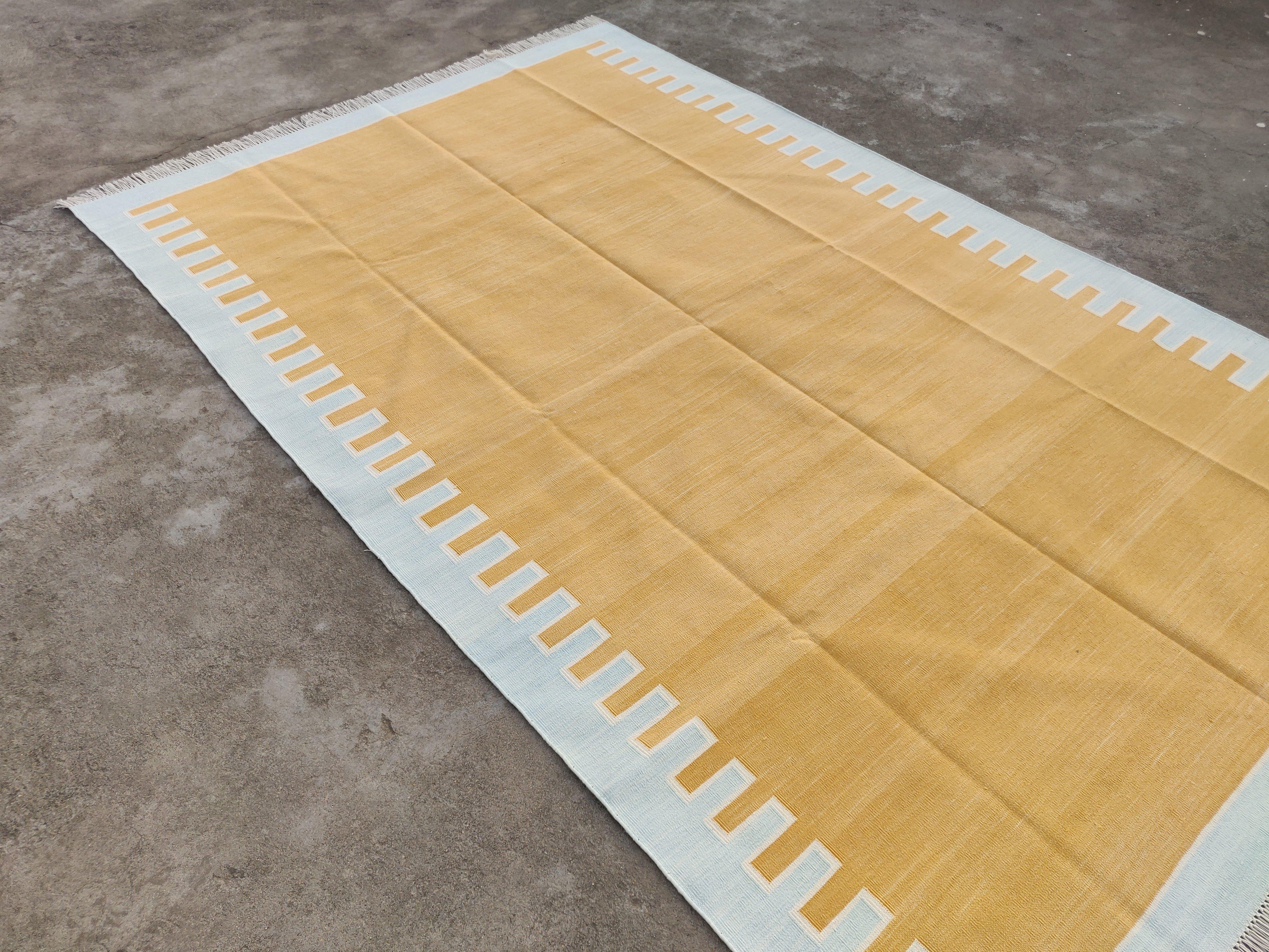 Mid-Century Modern Handmade Cotton Flat Weave Area Rug, 6x9 Yellow And Blue Striped Indian Dhurrie For Sale