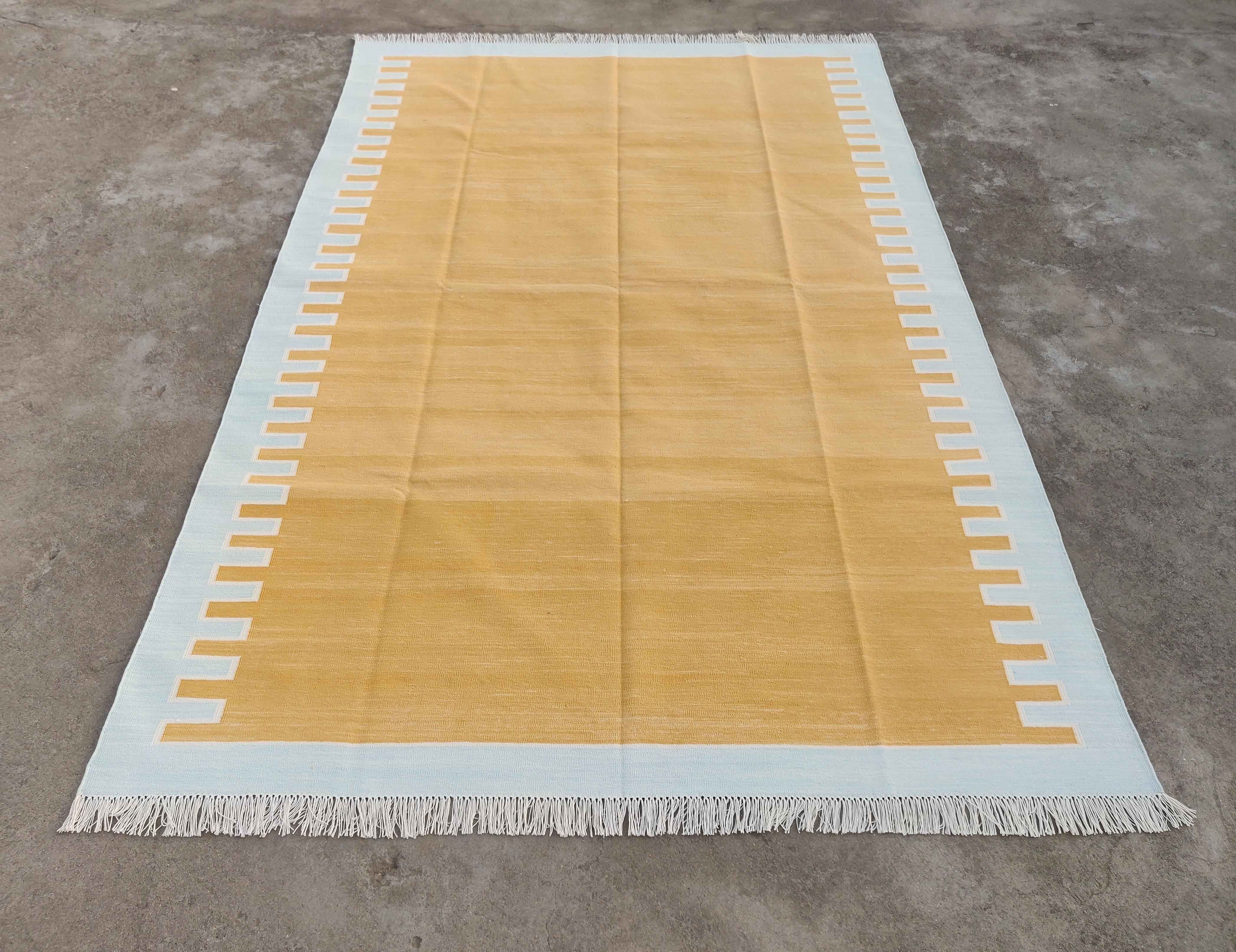 Hand-Woven Handmade Cotton Flat Weave Area Rug, 6x9 Yellow And Blue Striped Indian Dhurrie For Sale