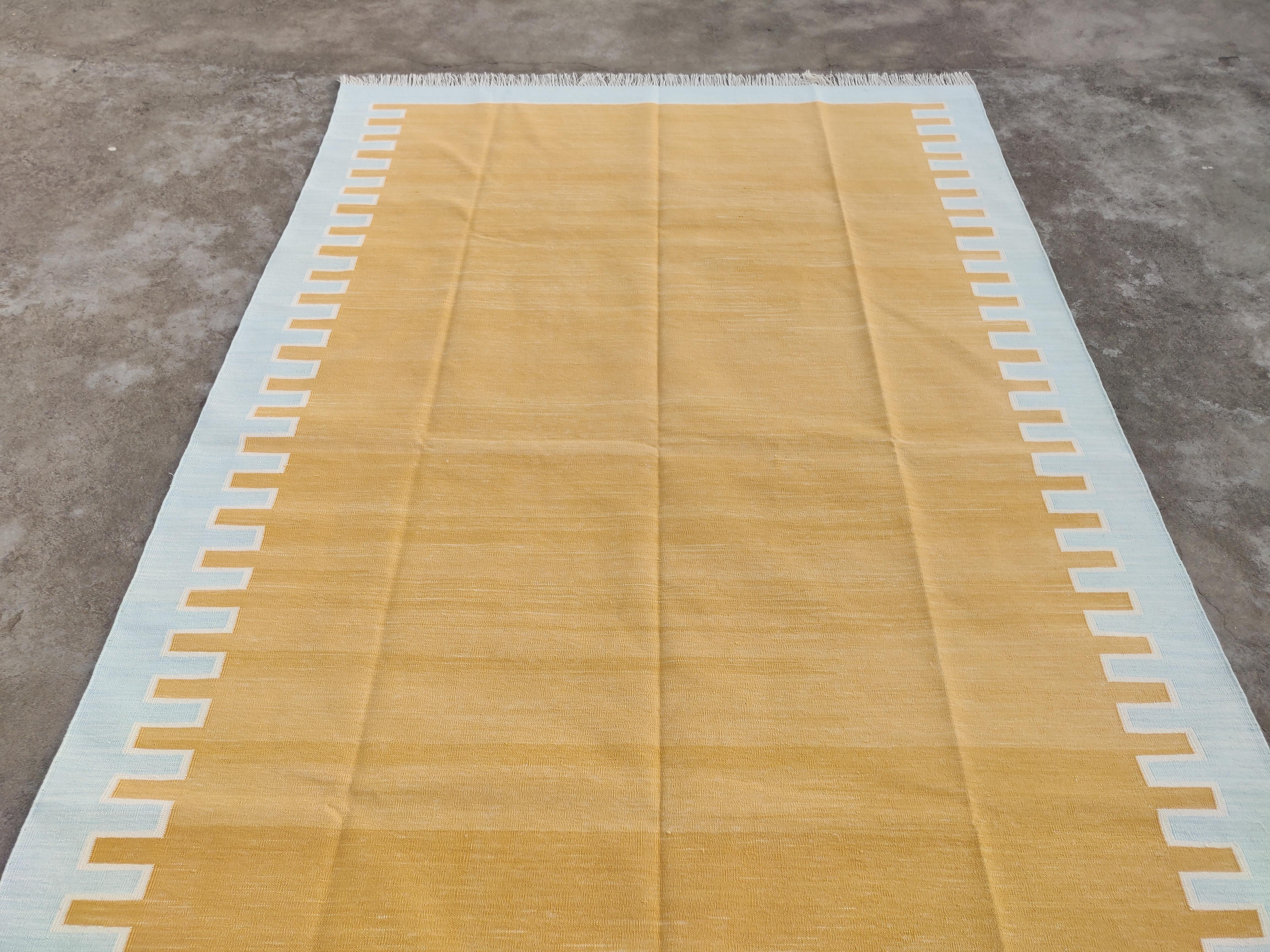 Handmade Cotton Flat Weave Area Rug, 6x9 Yellow And Blue Striped Indian Dhurrie In New Condition For Sale In Jaipur, IN