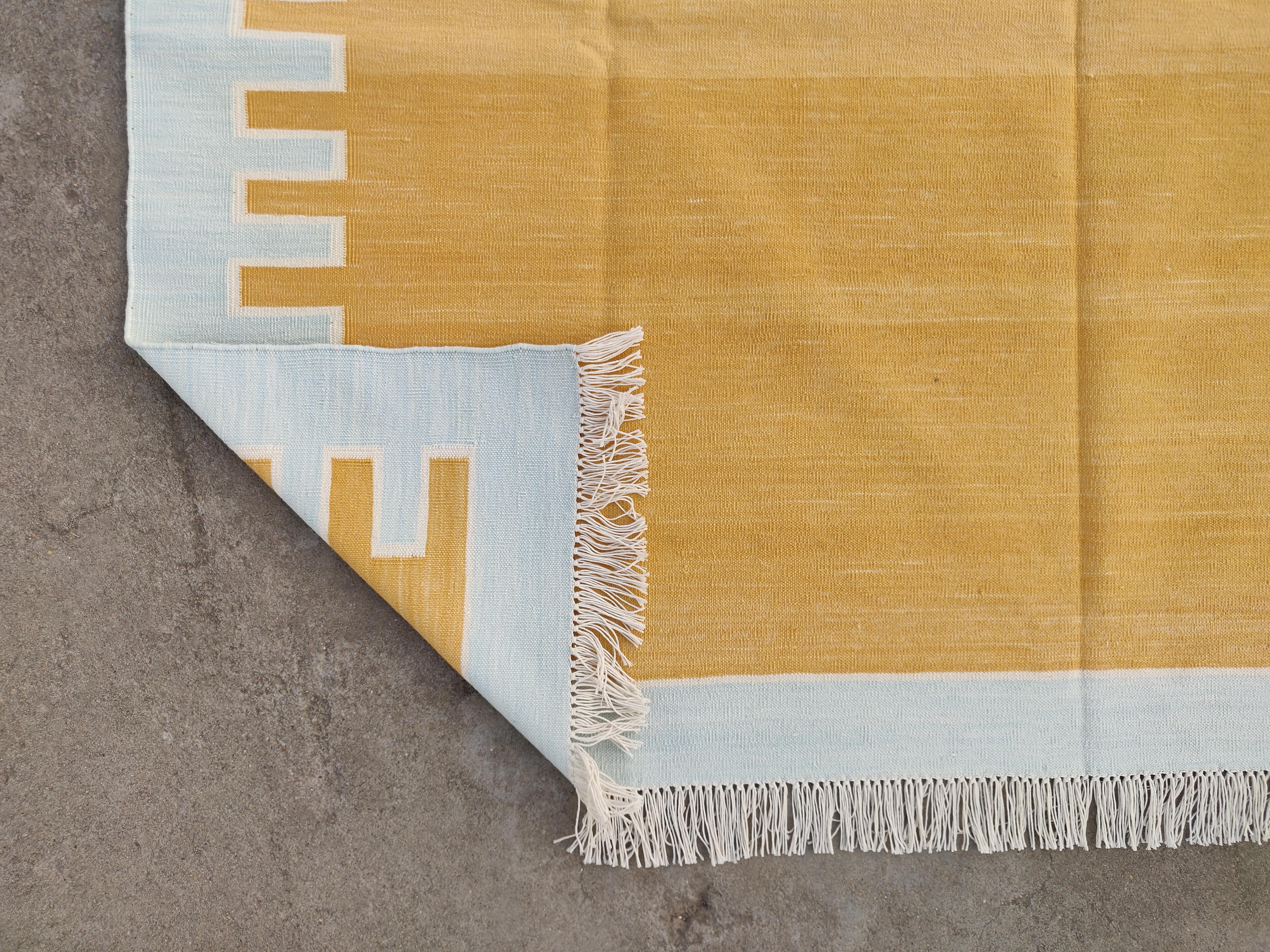Handmade Cotton Flat Weave Area Rug, 6x9 Yellow And Blue Striped Indian Dhurrie For Sale 1