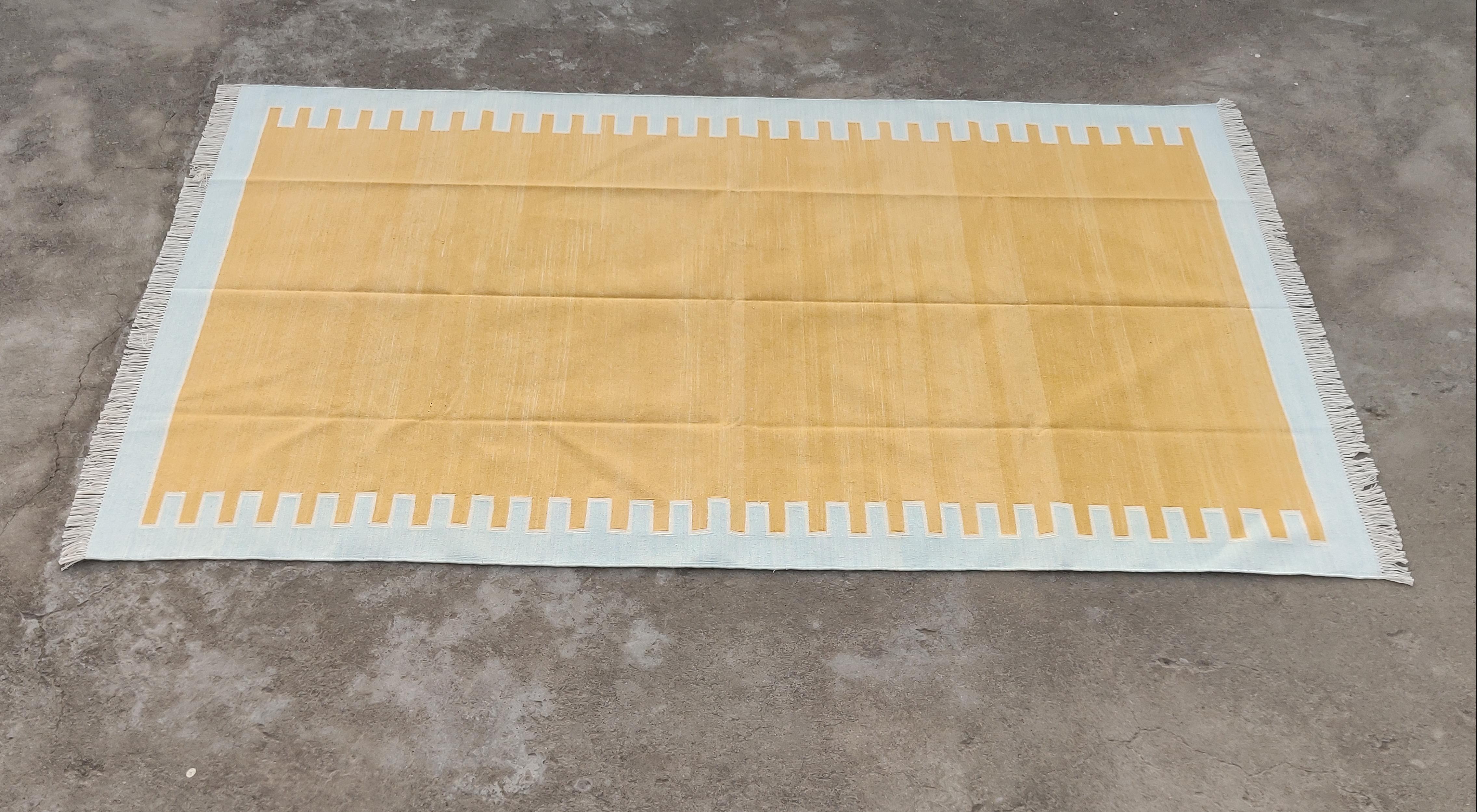 Handmade Cotton Flat Weave Area Rug, 6x9 Yellow And Blue Striped Indian Dhurrie For Sale 2