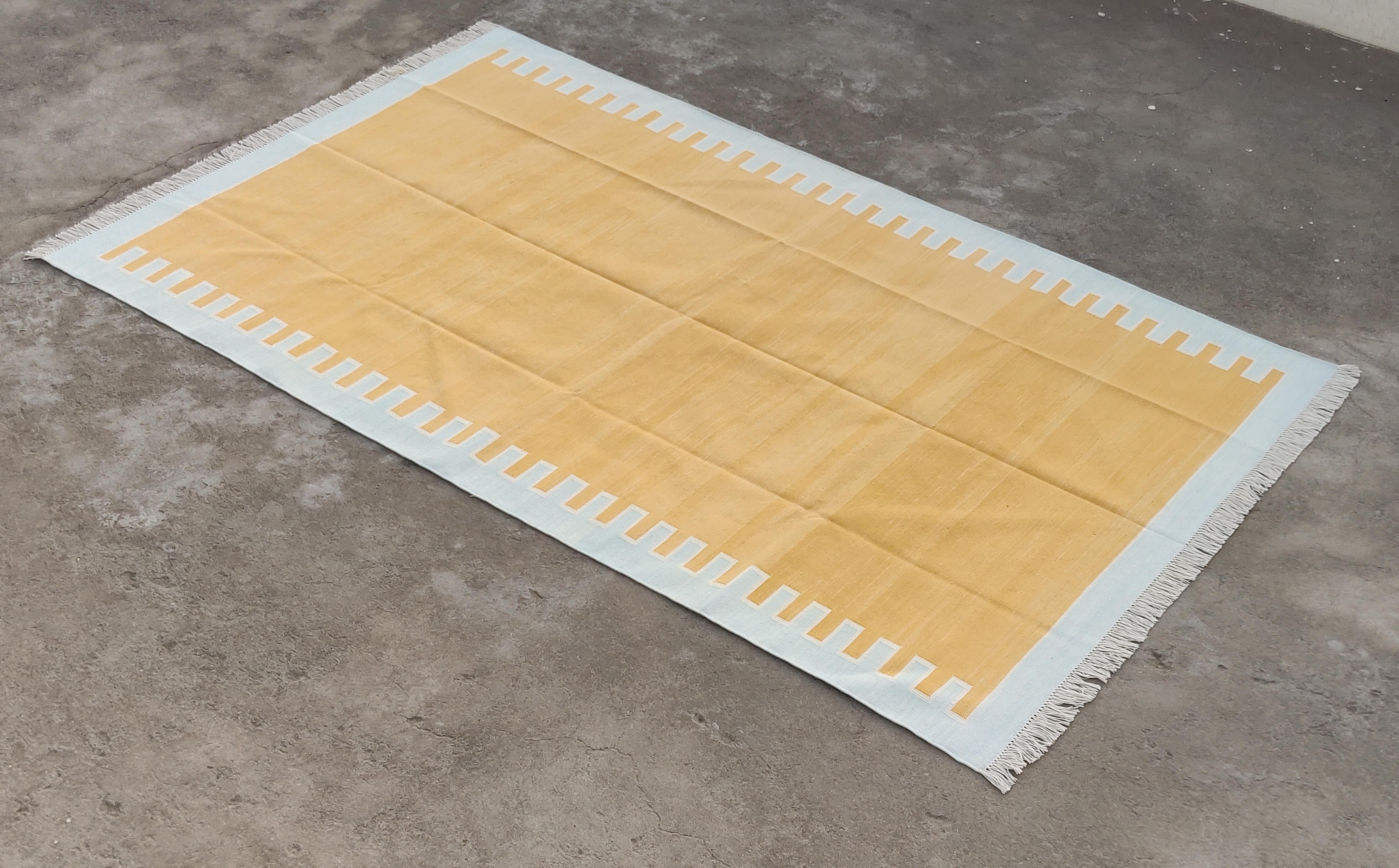 Handmade Cotton Flat Weave Area Rug, 6x9 Yellow And Blue Striped Indian Dhurrie For Sale 3