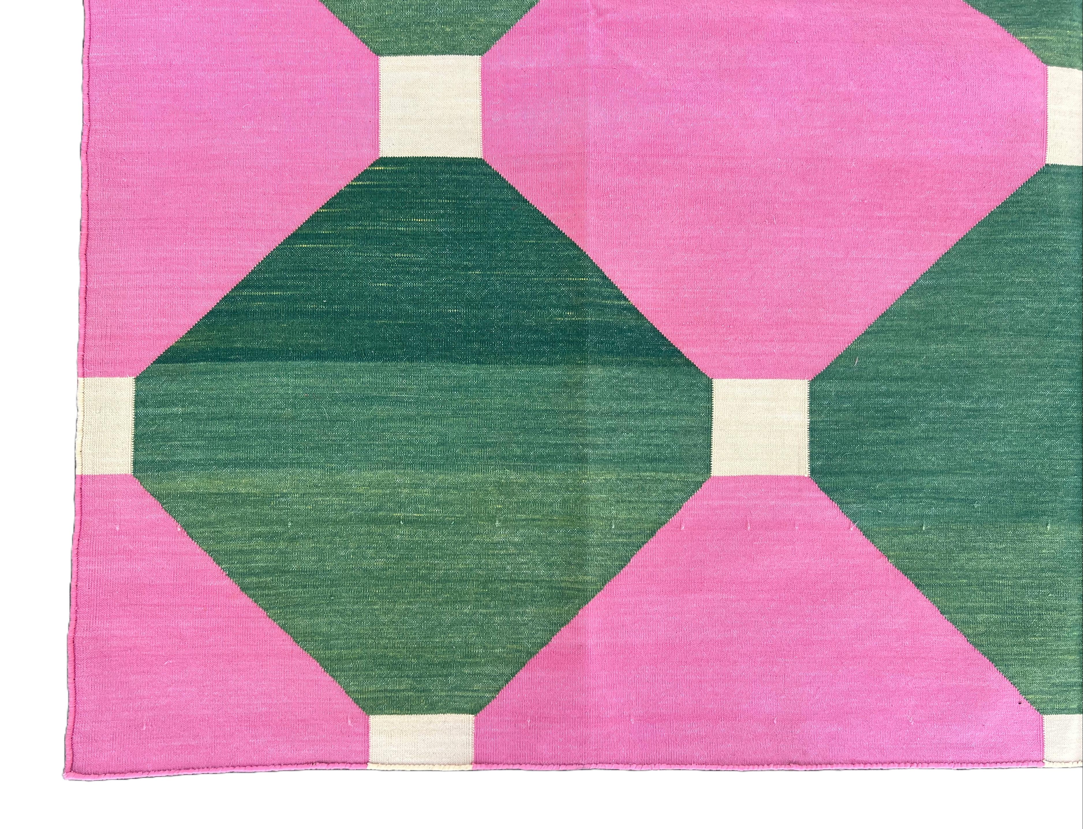 Handmade Cotton Flat Weave Area Rug, 8x10 Pink And Green Tile Indian Dhurrie Rug For Sale 4