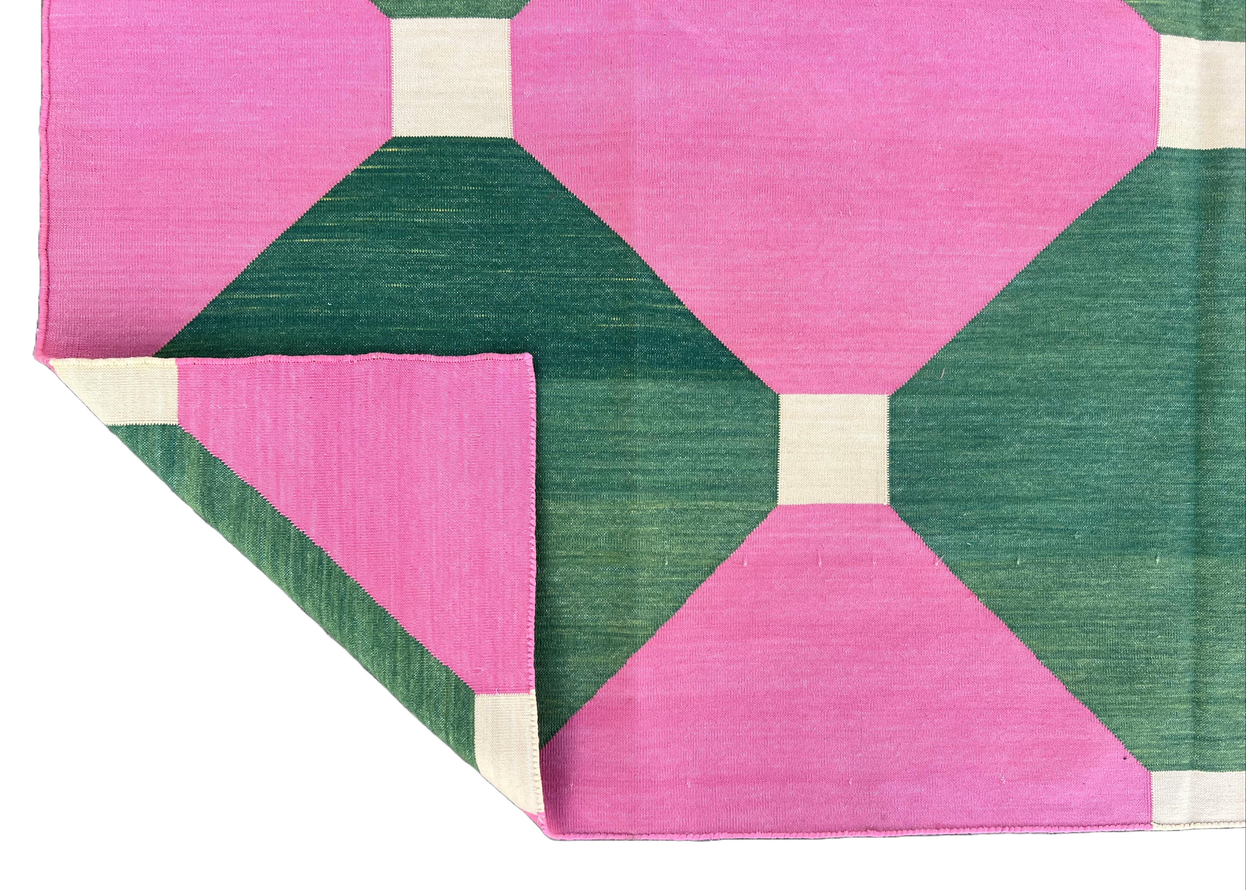 Handmade Cotton Flat Weave Area Rug, 8x10 Pink And Green Tile Indian Dhurrie Rug For Sale 5