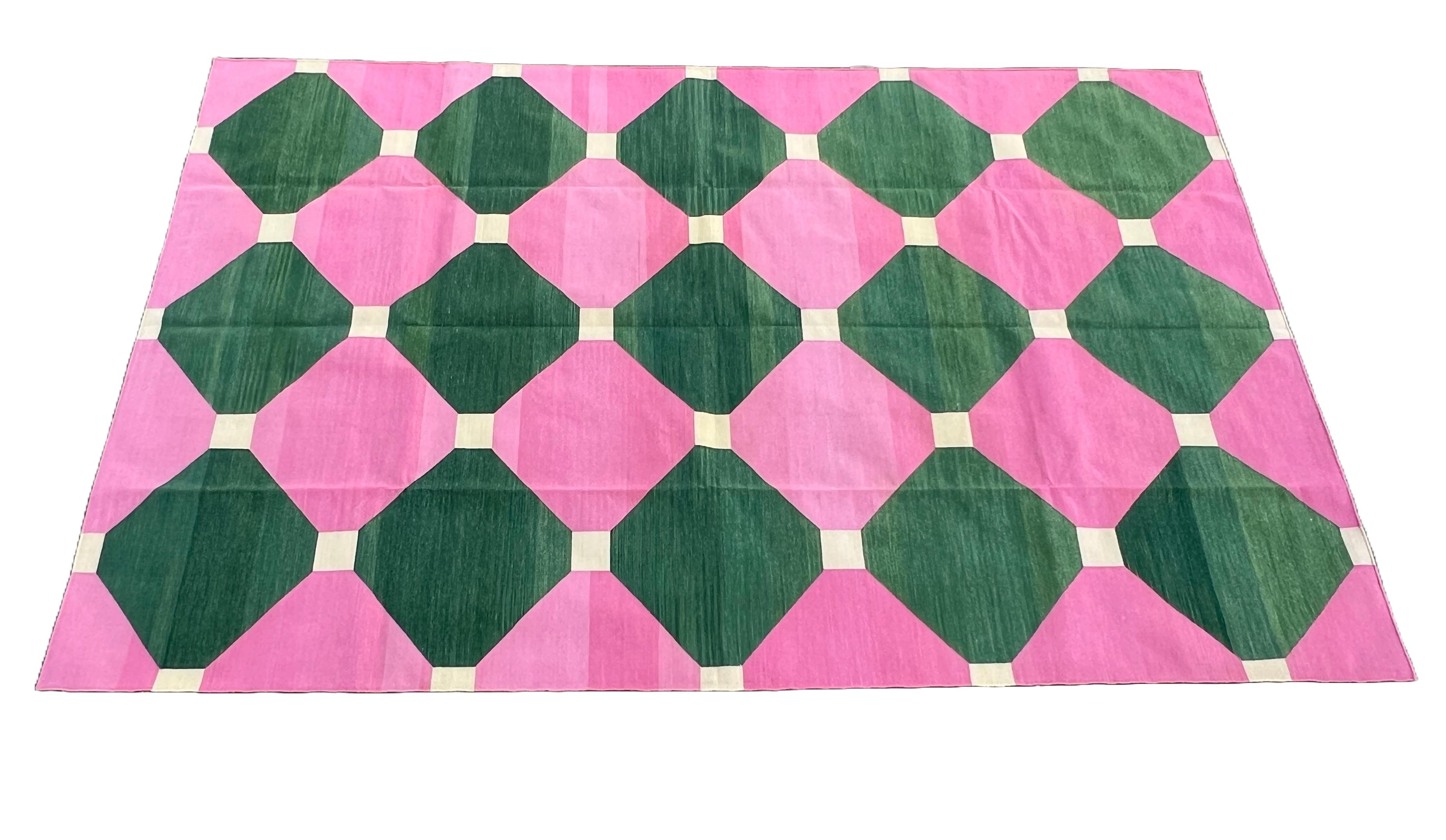 Cotton Vegetable Dyed Area Rug, Pink, Forest Green And Cream Indian Tile Patterned Checked Rug-8'x10' (240x300cm)

These special flat-weave dhurries are hand-woven with 15 ply 100% cotton yarn. Due to the special manufacturing techniques used to