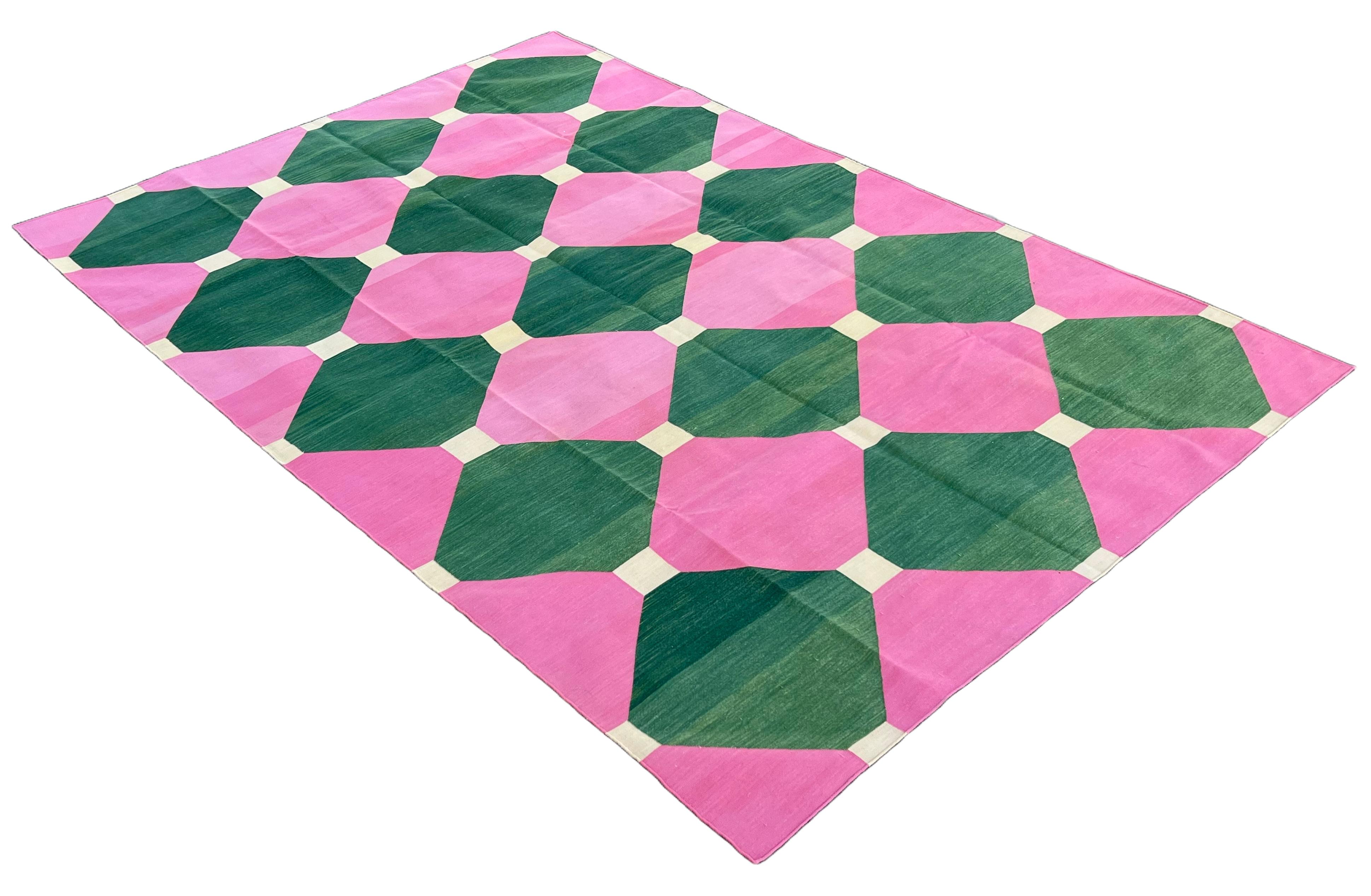 Mid-Century Modern Handmade Cotton Flat Weave Area Rug, 8x10 Pink And Green Tile Indian Dhurrie Rug For Sale
