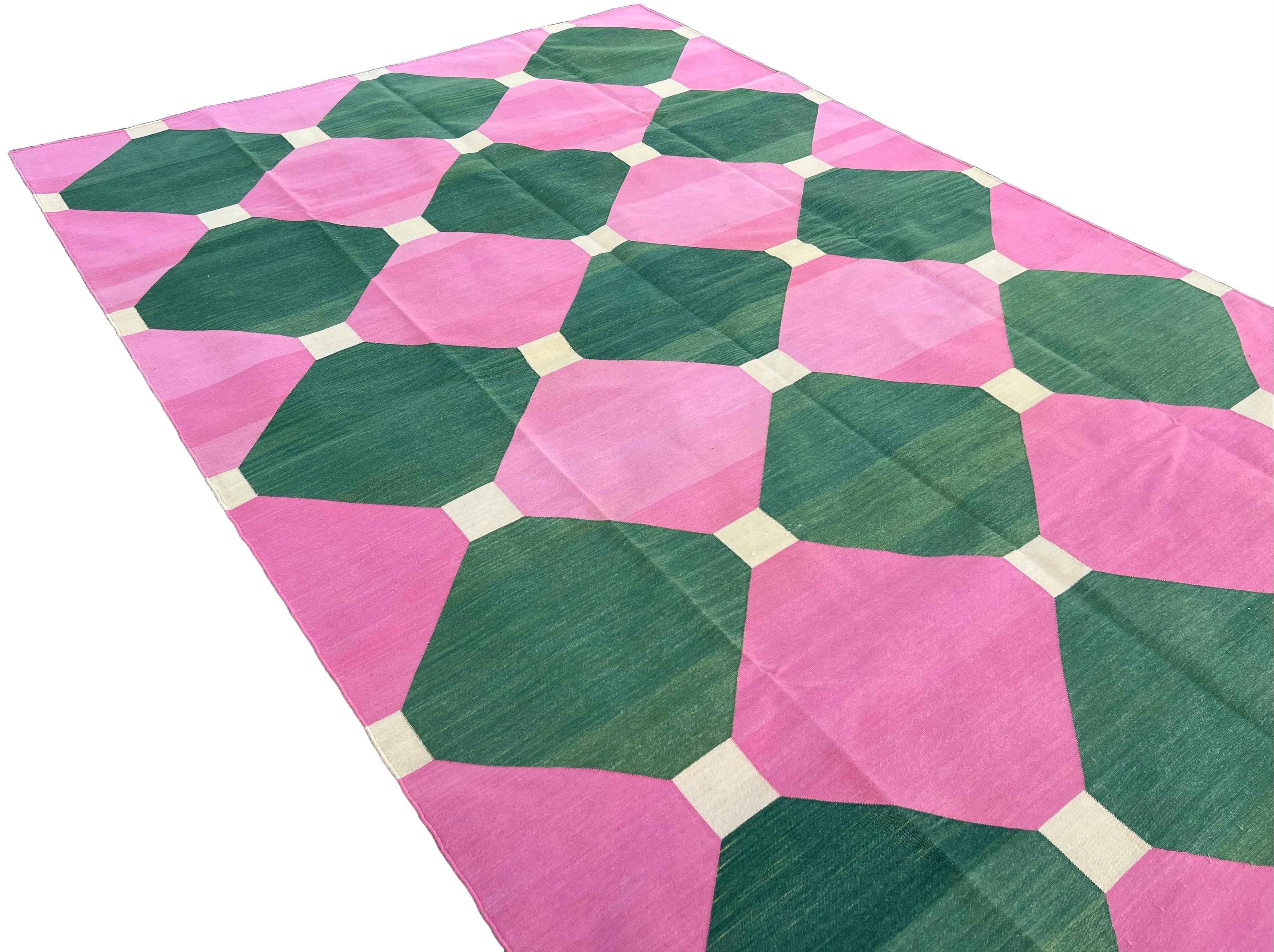 Handmade Cotton Flat Weave Area Rug, 8x10 Pink And Green Tile Indian Dhurrie Rug For Sale 1