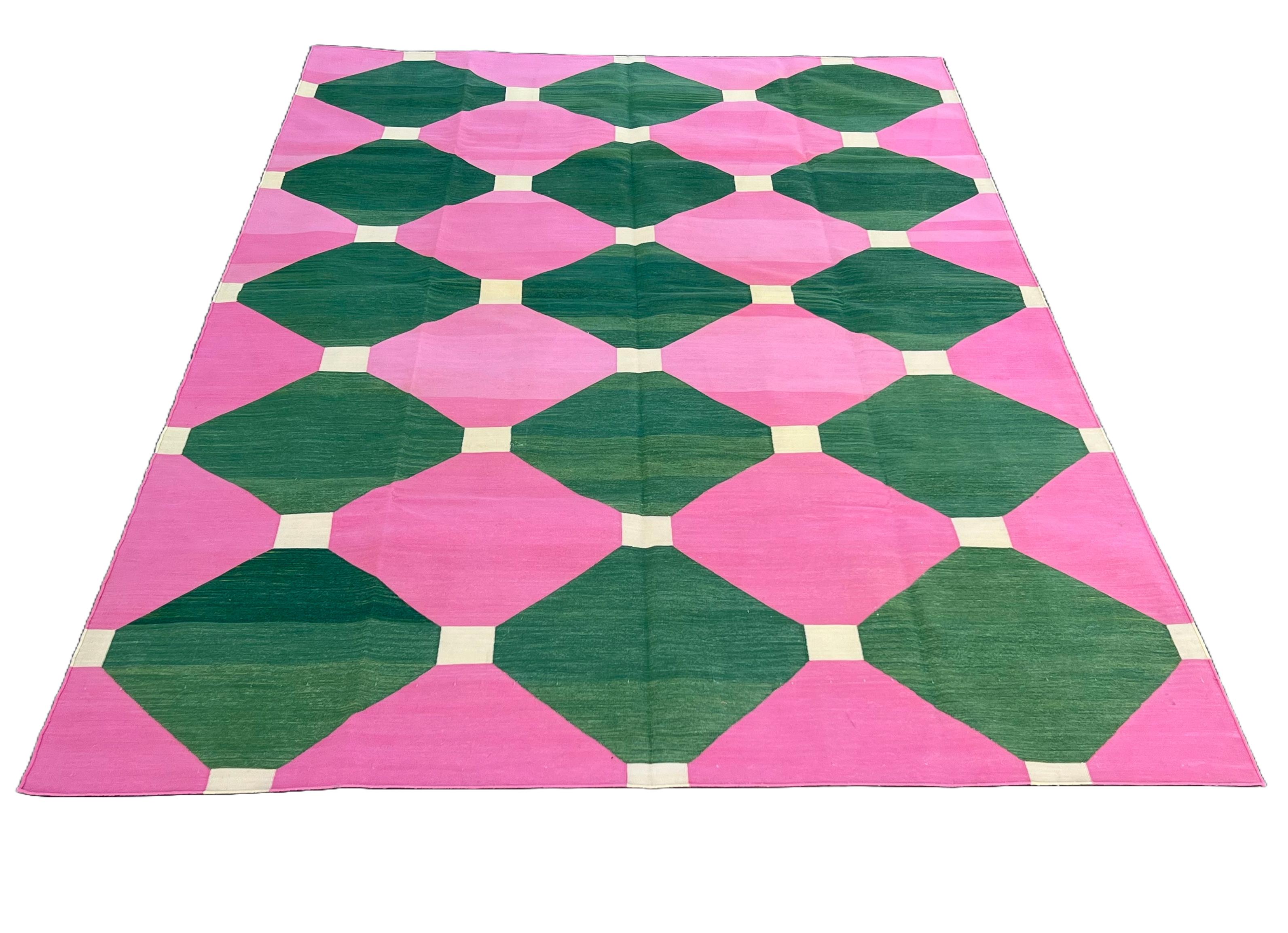 Handmade Cotton Flat Weave Area Rug, 8x10 Pink And Green Tile Indian Dhurrie Rug For Sale 2