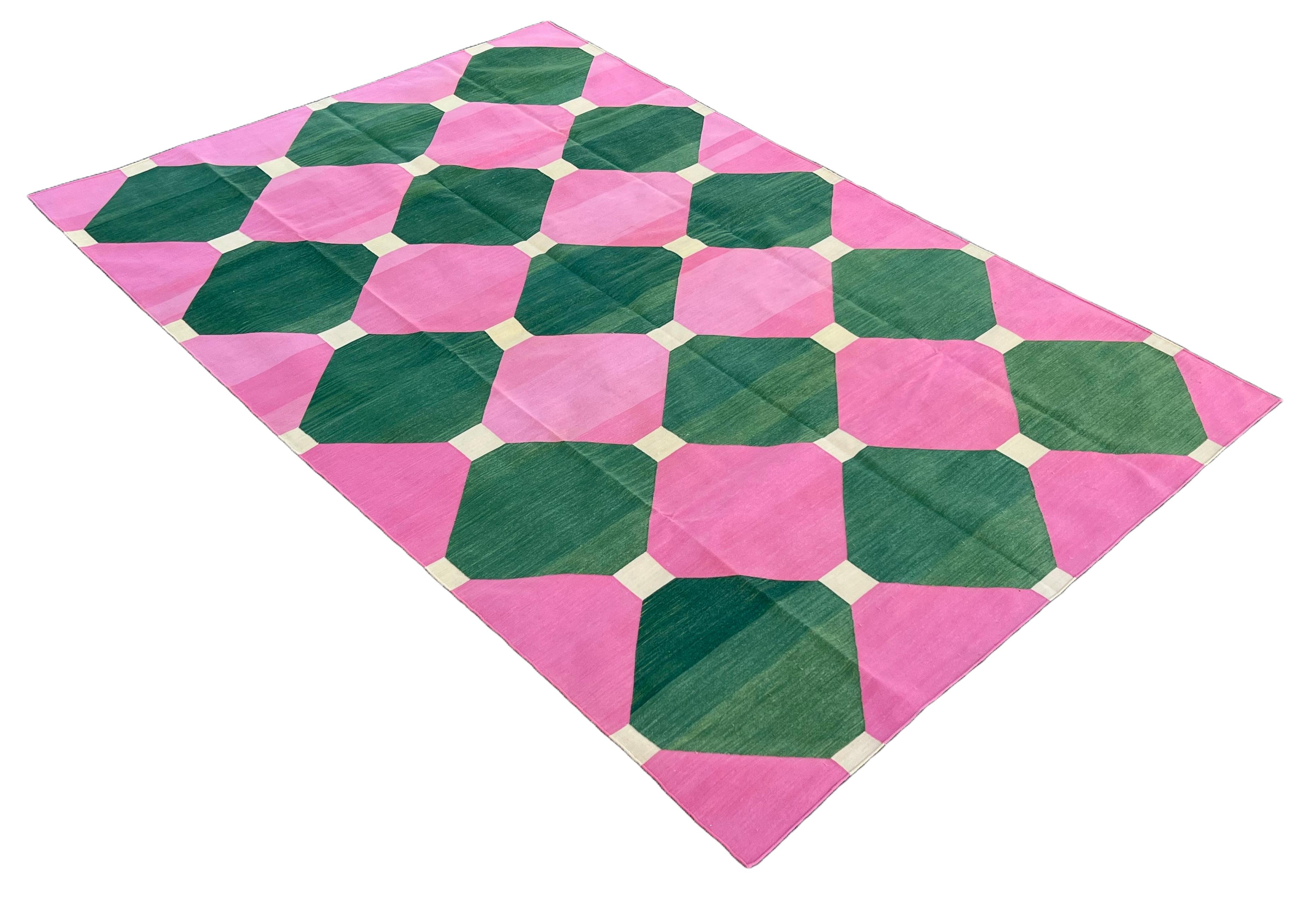 Hand-Woven Handmade Cotton Flat Weave Area Rug, 9x12 Pink And Green Tile Indian Dhurrie Rug For Sale