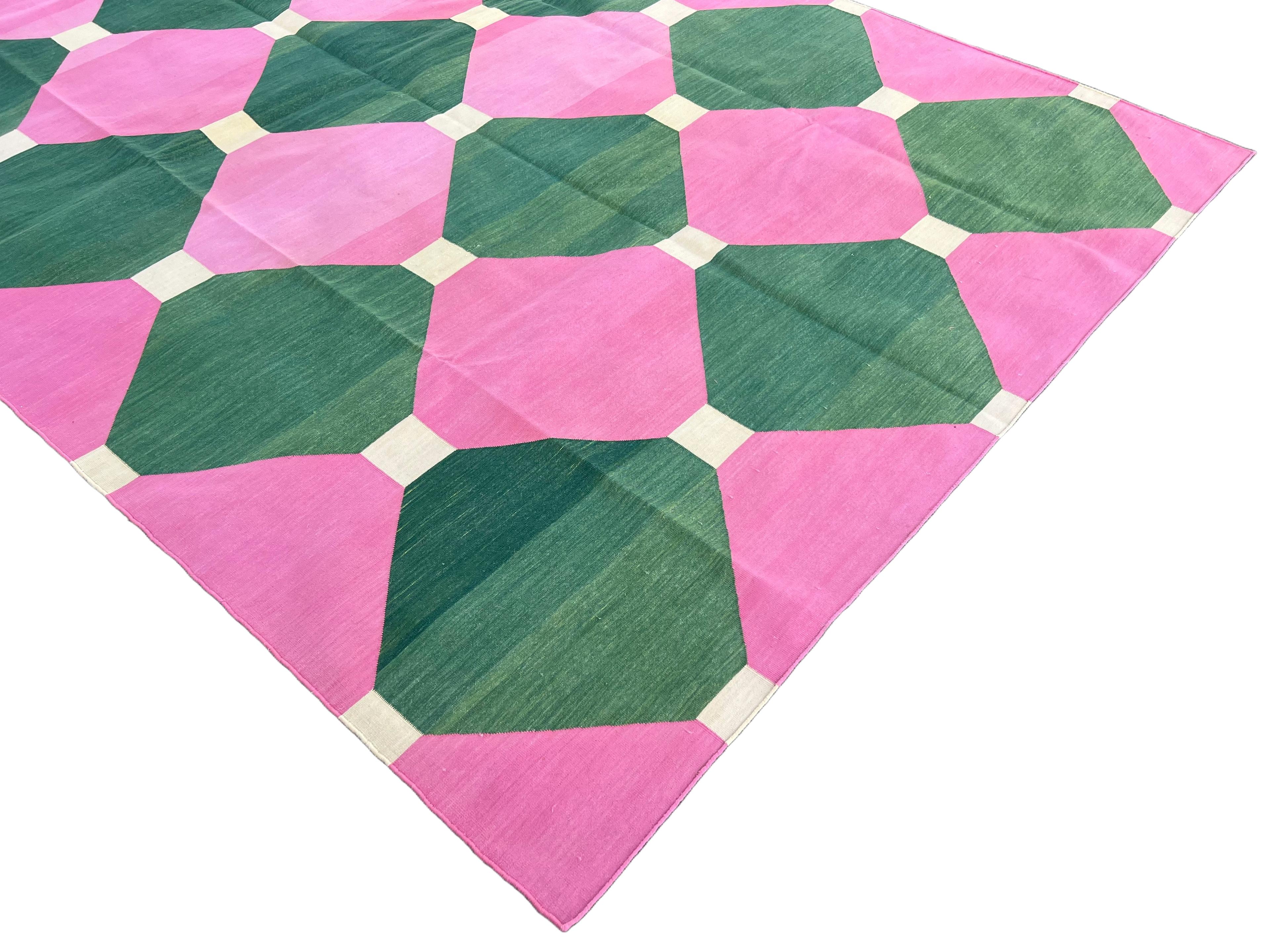 Contemporary Handmade Cotton Flat Weave Area Rug, 9x12 Pink And Green Tile Indian Dhurrie Rug For Sale