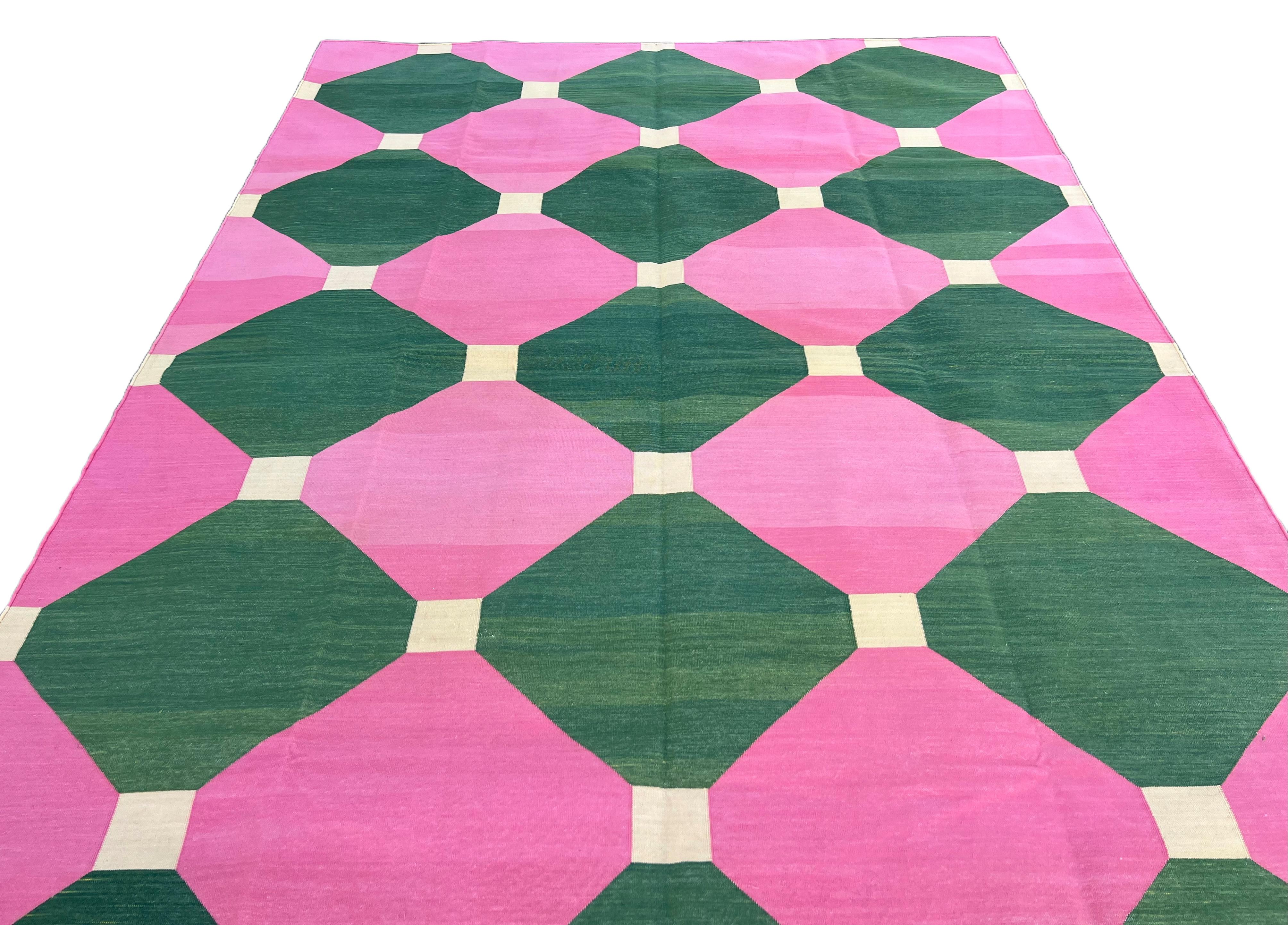 Handmade Cotton Flat Weave Area Rug, 9x12 Pink And Green Tile Indian Dhurrie Rug For Sale 3