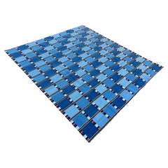 Handmade Cotton Flat Weave Rug, 10x14 Blue, Cream Indian Check Geometric Dhurrie