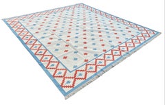 Handmade Cotton Flat Weave Rug, 10x14 Cream, Red Indian Star Geometric Dhurrie