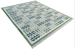 Handmade Cotton Flat Weave Rug, 12x15 Green White Marianne Indian Stripe Dhurrie