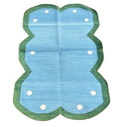 Handmade Cotton Flat Weave Rug, 2x3 Sky Blue And Green Scalloped Indian Dhurrie