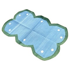 Tapis en coton tissé à plat, 2x3 bleu ciel et vert festonné Indian Dhurrie