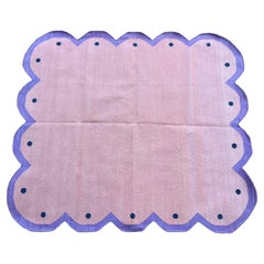 Handgefertigter Flachgewebe-Teppich aus Baumwolle, 4'x4.5' Rosa, Lavendel mit Wellenmuster Indischer Dhurrie