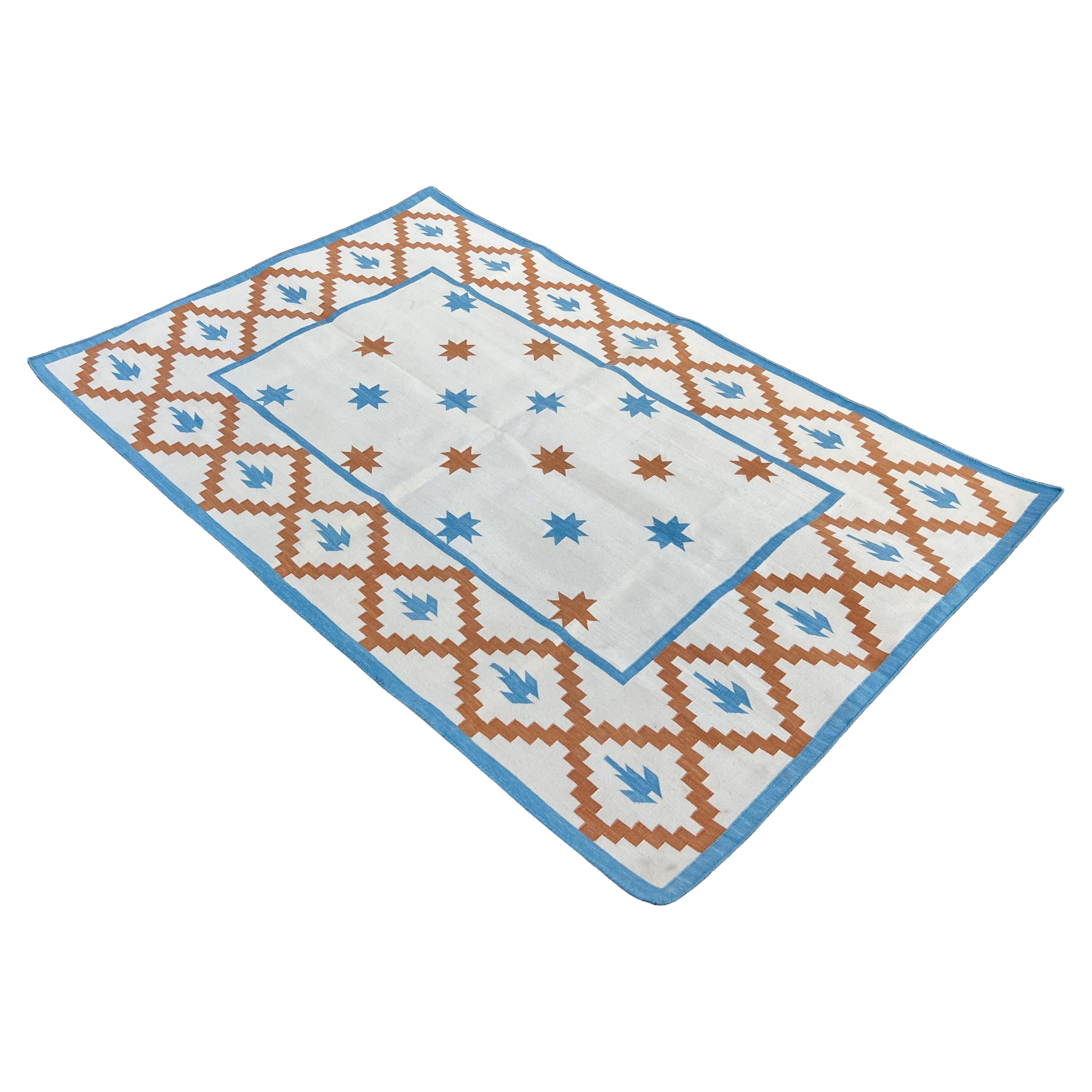 Handmade Cotton Flat Weave Rug, 4x6 Cream And Blue Indian Star Geometric Dhurrie
