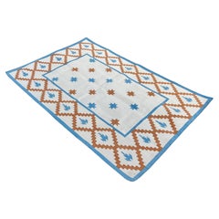 Tapis Dhurrie en coton tissé à la main, 4 x 6, étoile indienne géométrique crème et bleue