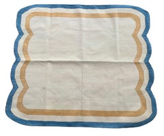 Handmade Cotton Flat Weave Rug, 4x6 Cream And Teal Blue Scalloped Indian Dhurrie
