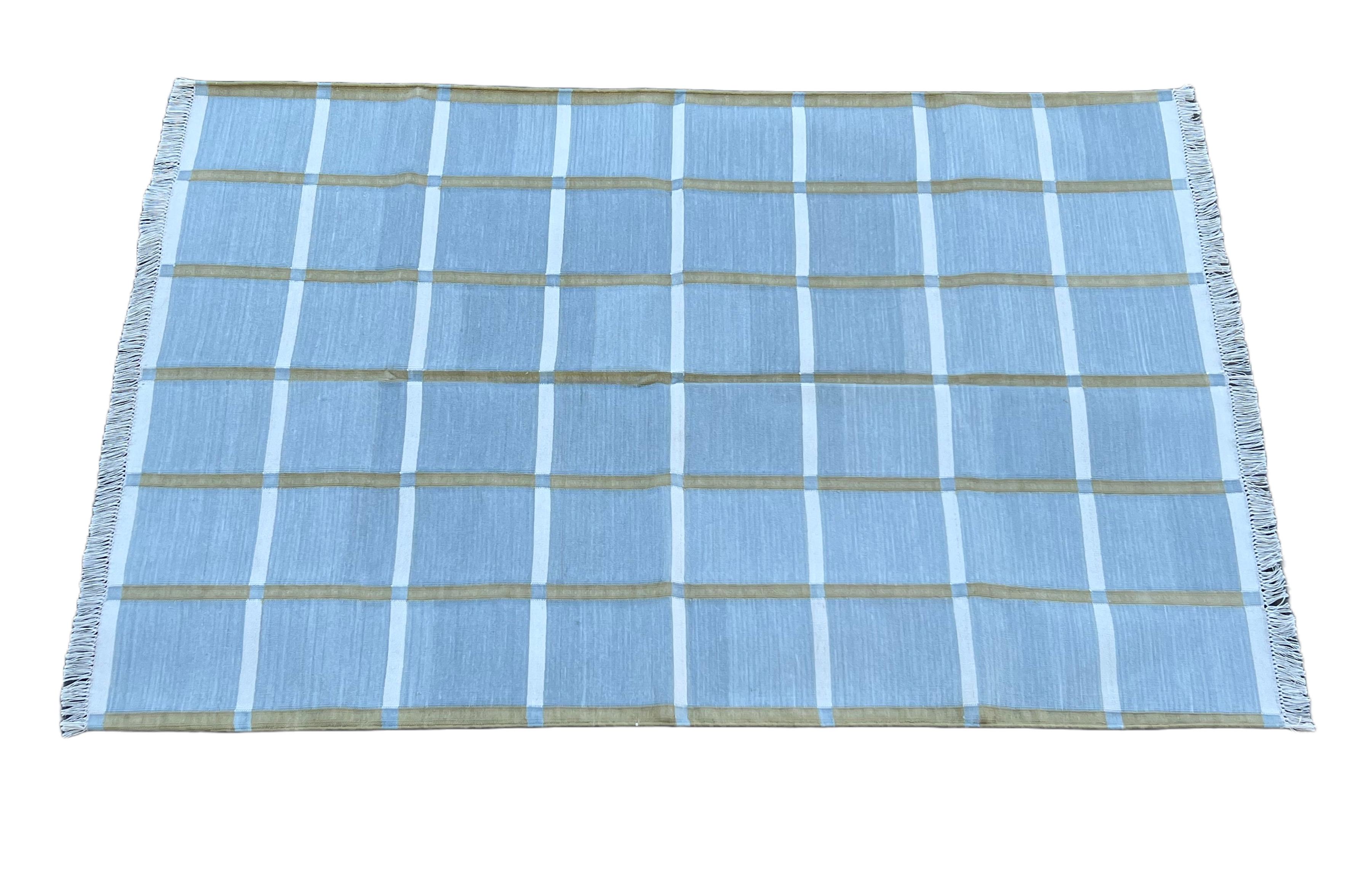 Handmade Cotton Flat Weave Rug, 4x6 Grey, Green Windowpane Check Indian Dhurrie For Sale 4