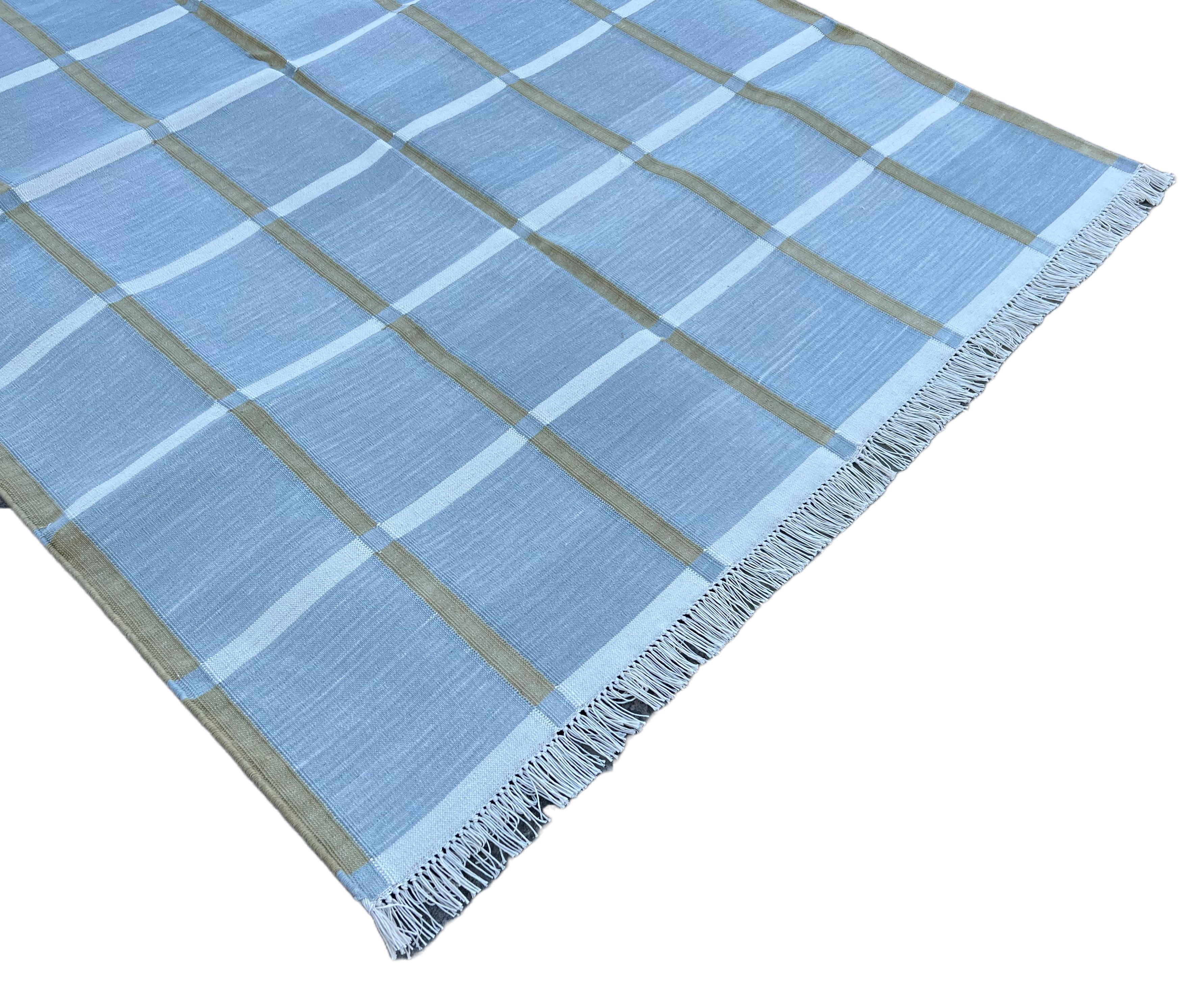 Hand-Woven Handmade Cotton Flat Weave Rug, 4x6 Grey, Green Windowpane Check Indian Dhurrie For Sale